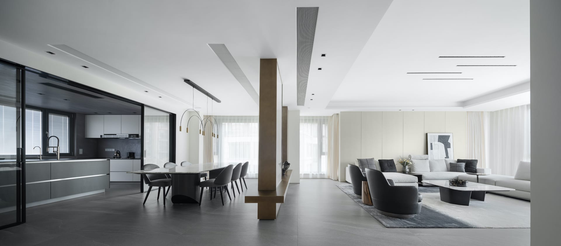 Modern interior living room with concrete, glass, and metal elements