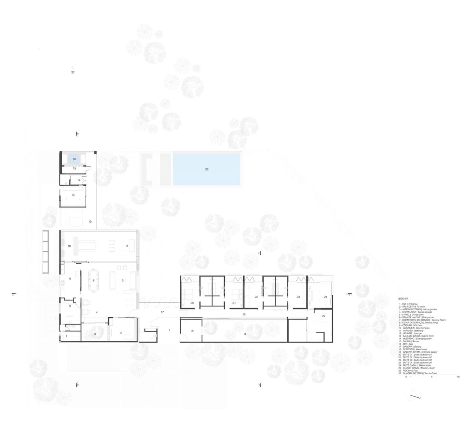 Modern architectural floor plan of a residential house, featuring a living room, dining room, bedrooms, bathrooms, and outdoo