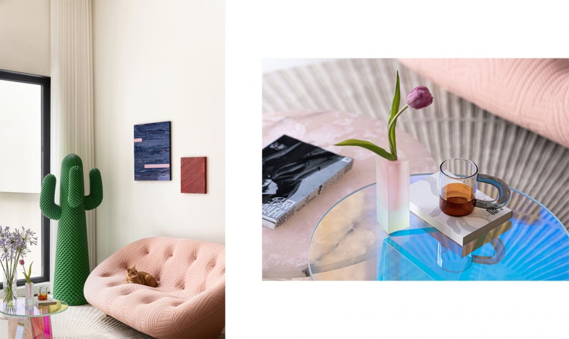 A modern living room with a mix of textures and materials, including a pink couch, a green cactus, and a blue glass side tabl