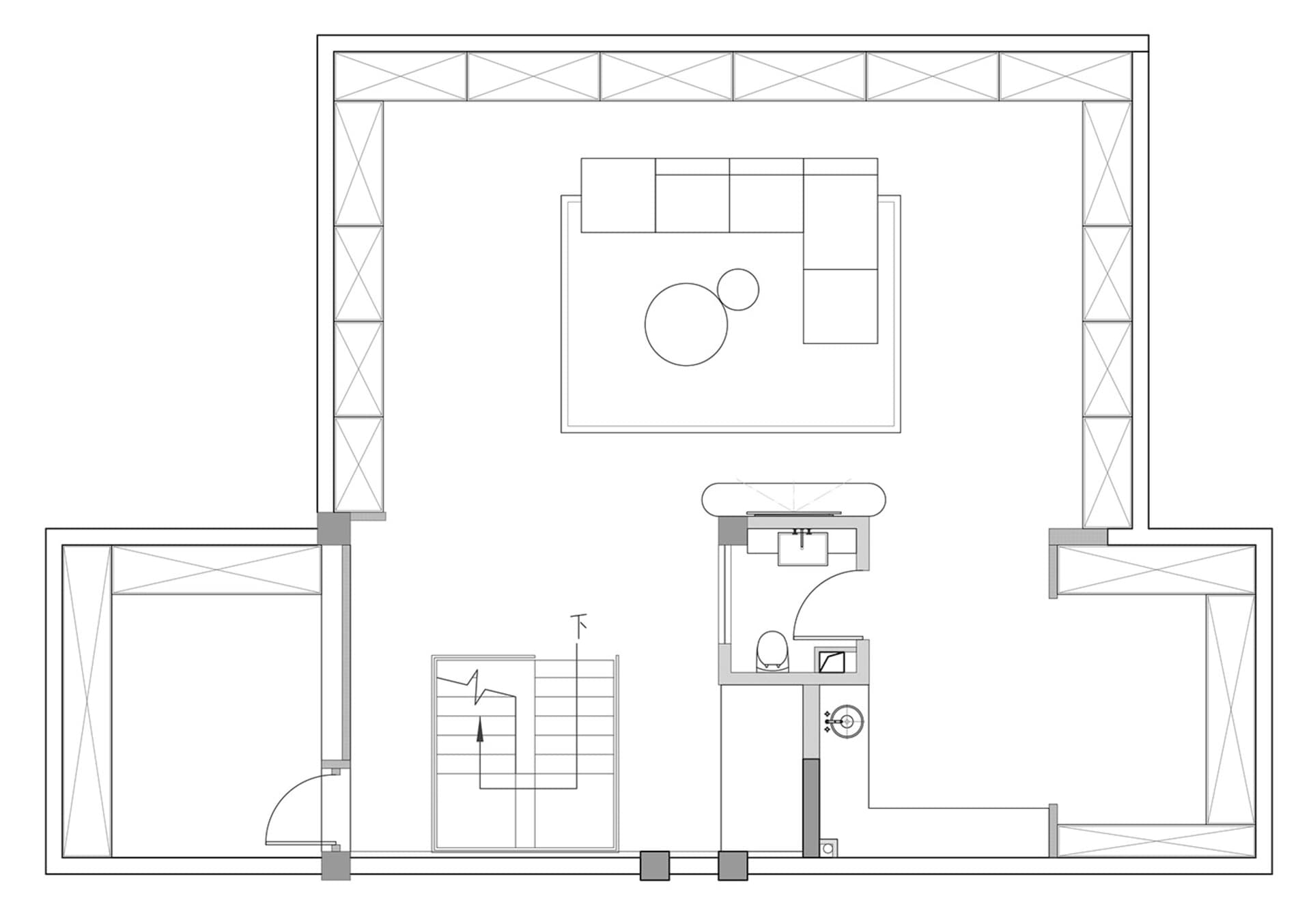 Minimalist layout with furniture and lighting details.