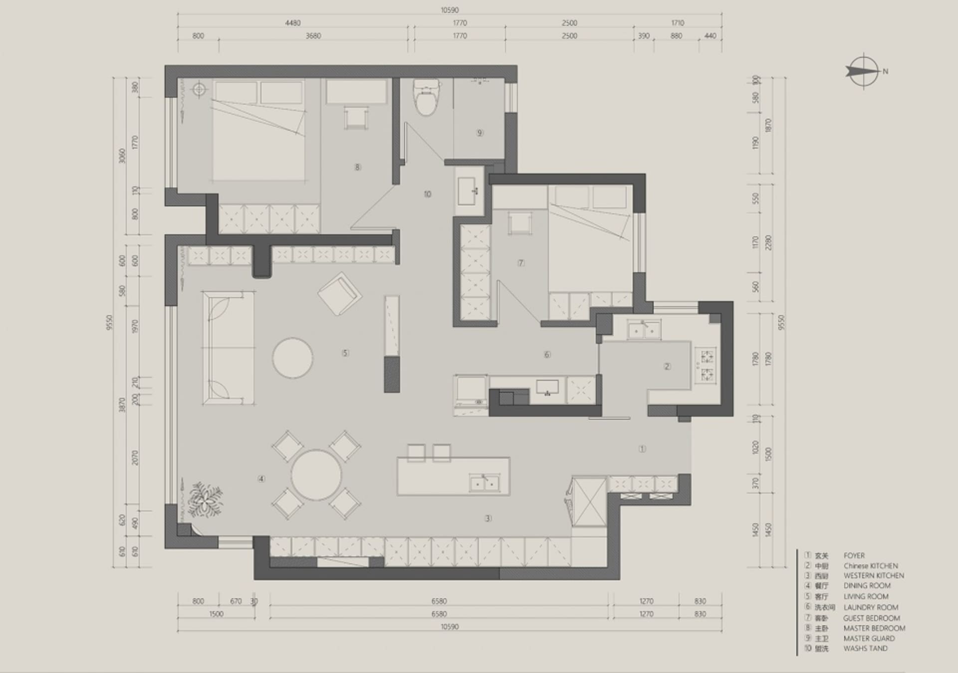 Floor plan of a modern living room with neutral color palette.