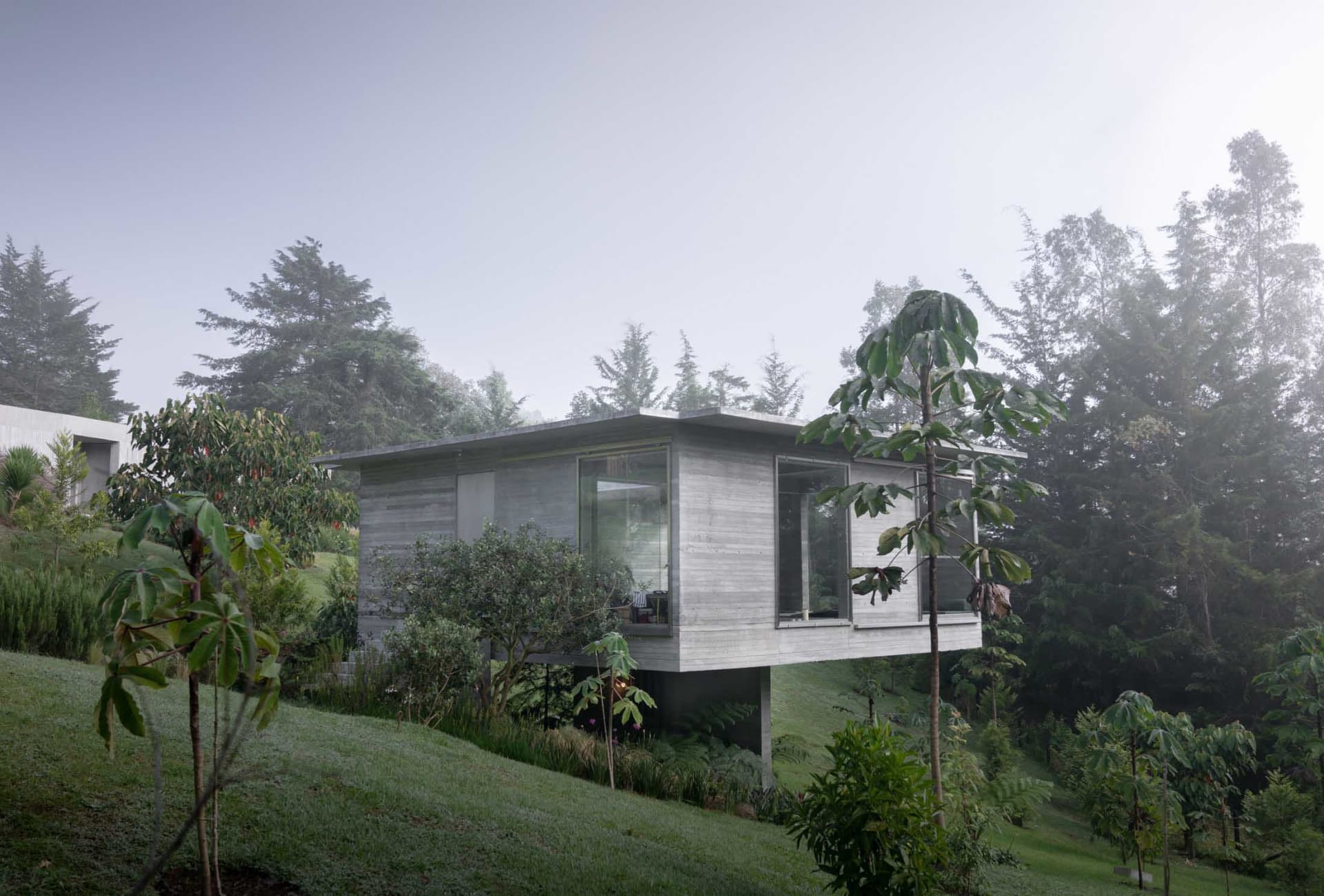 A modern residential home made of concrete with large glass windows overlooking a forested landscape.