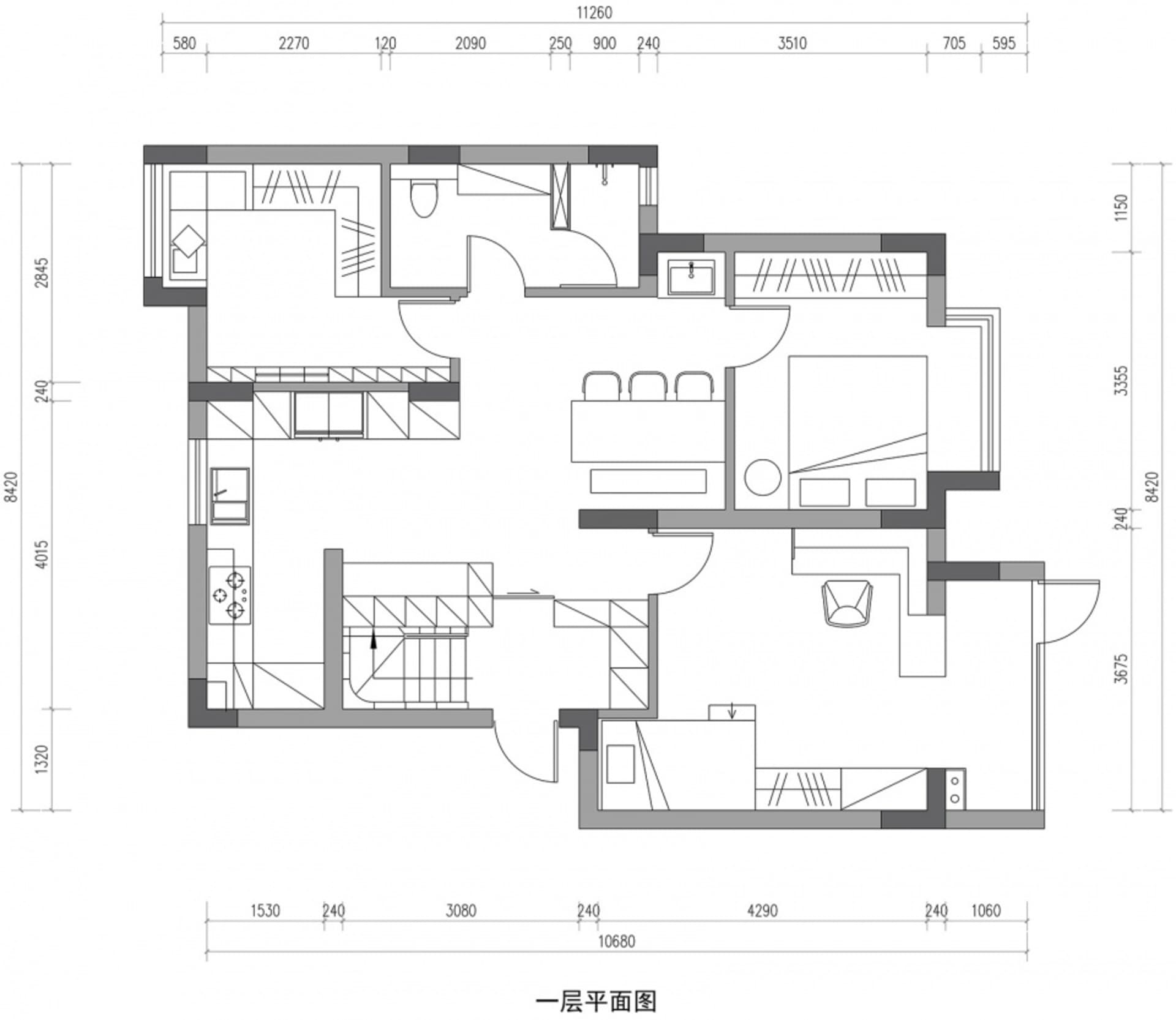 現代公寓設計的詳細平面圖。