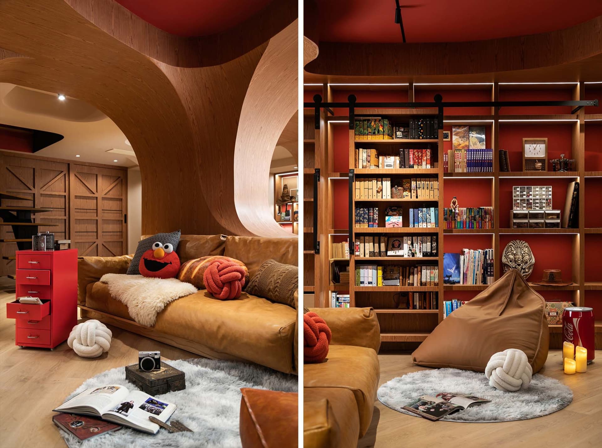 Modern living room with a wooden arch, leather sofa, and bookshelf.