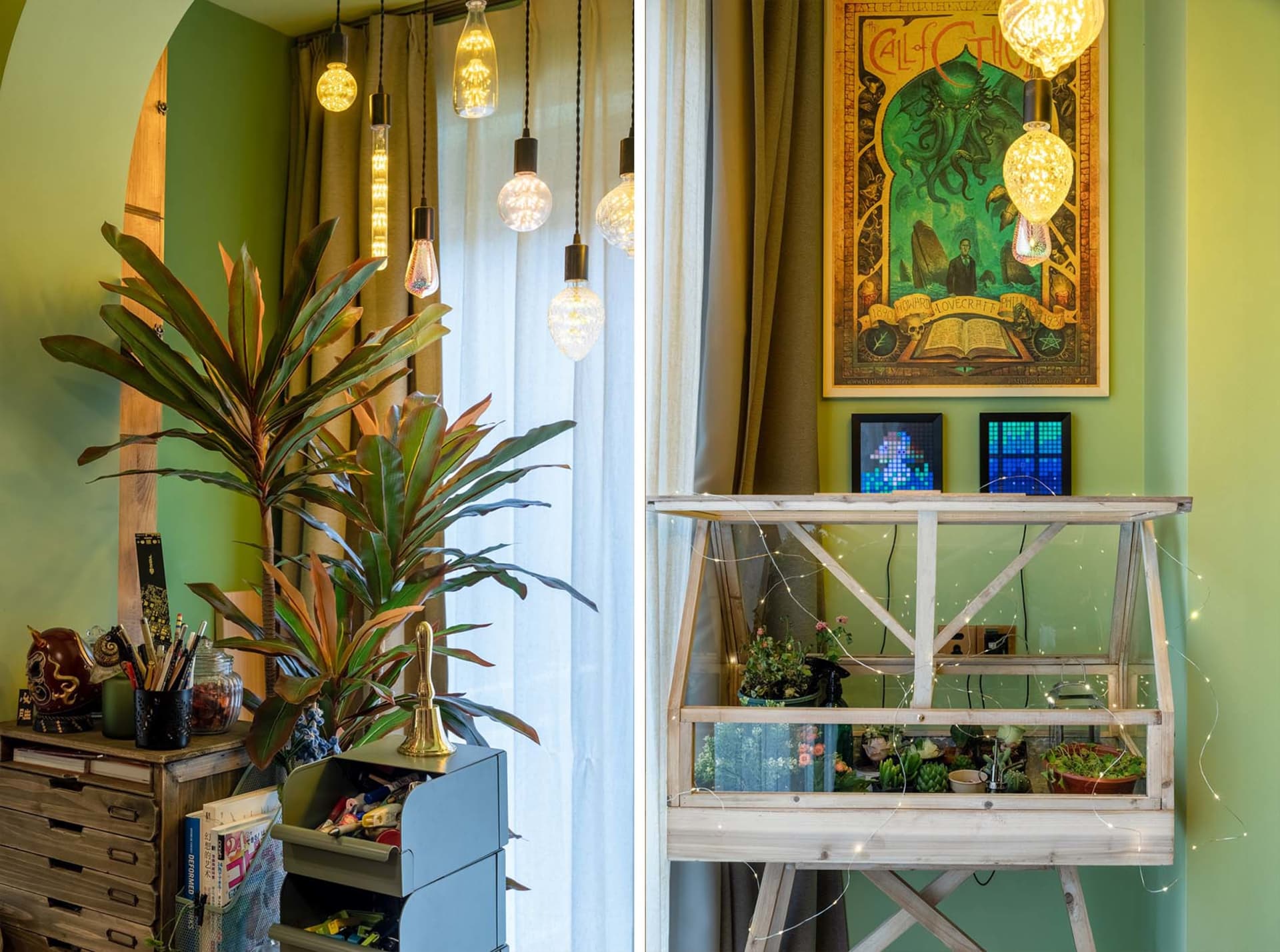 A beautifully designed wooden and glass plant display in a green interior setting.