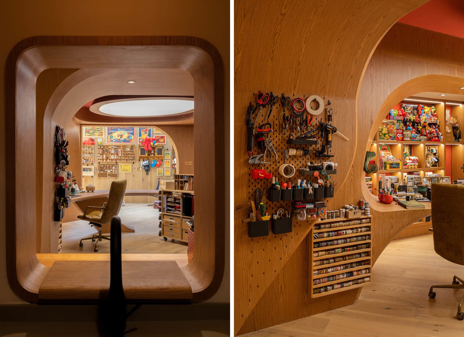 A modern workspace with curved wooden walls, an array of tools and supplies, and various books and toys on shelves.