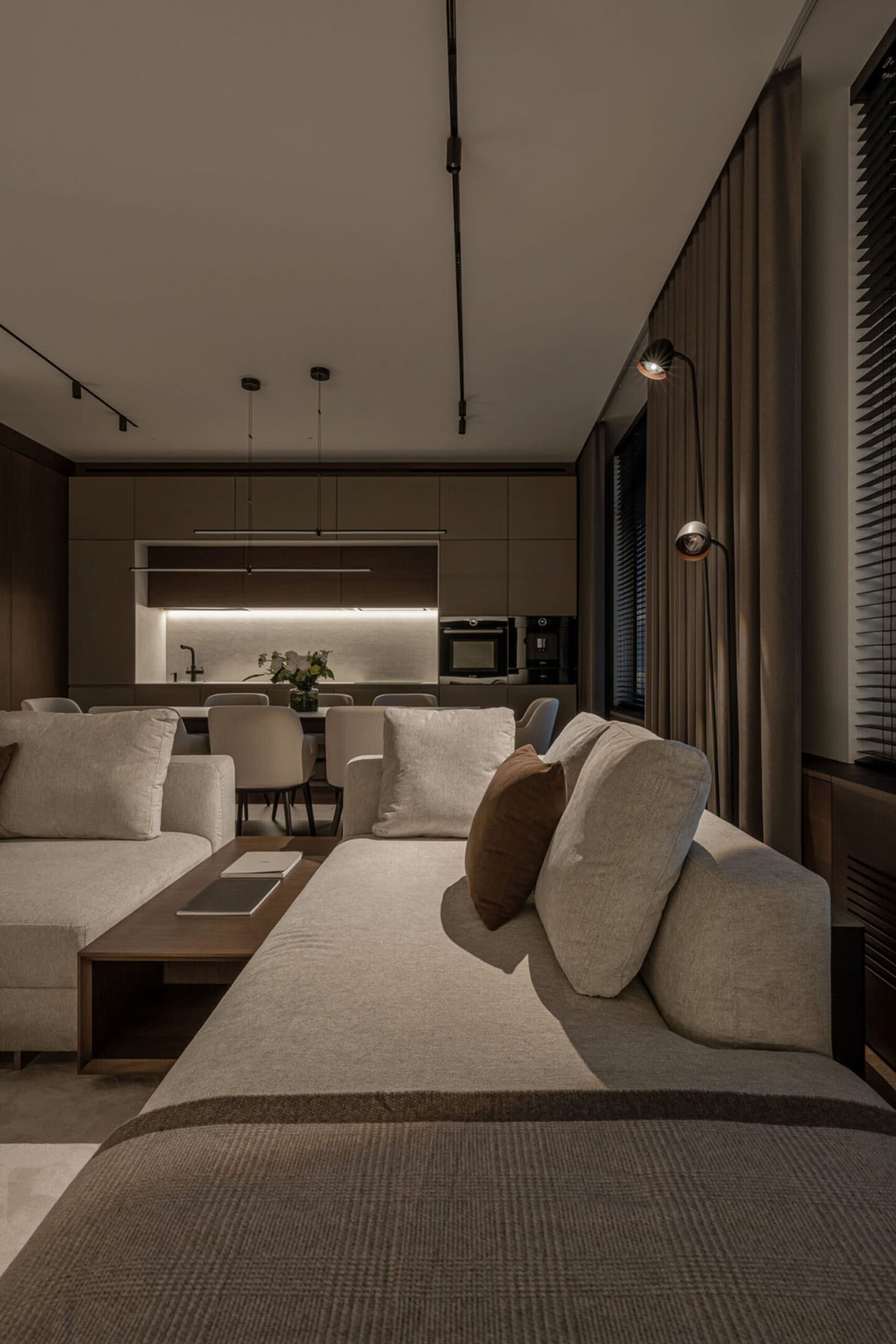 A minimalist living room with comfortable sofas and modern furnishings.
