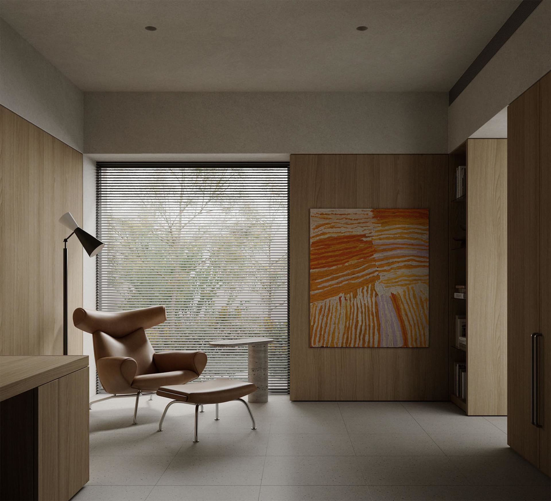A modern minimalist living room featuring a wooden armchair, ottoman, and floor lamp.