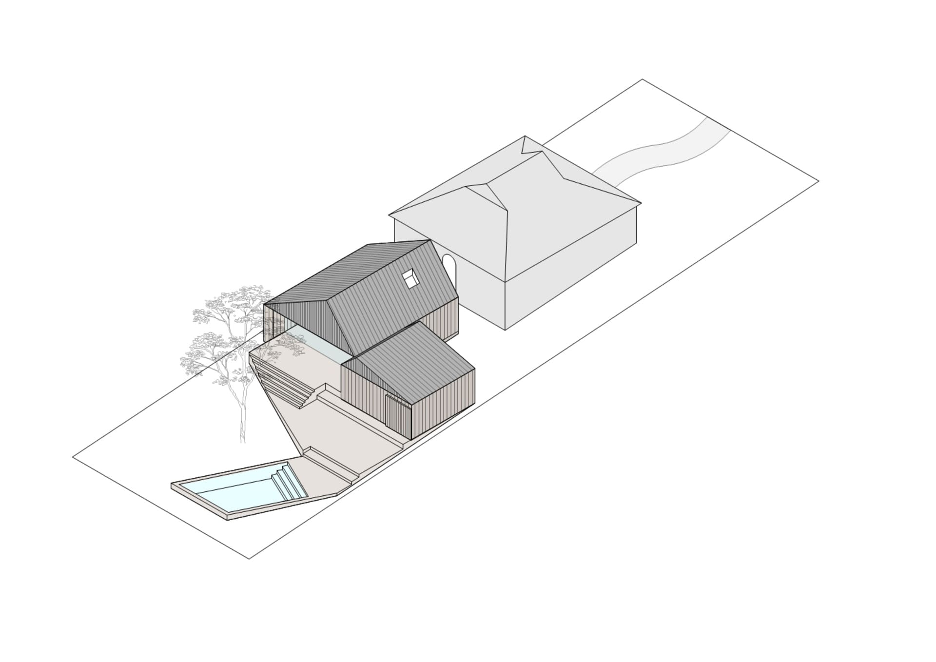 A modern wooden house architecture plan with a swimming pool and garden.