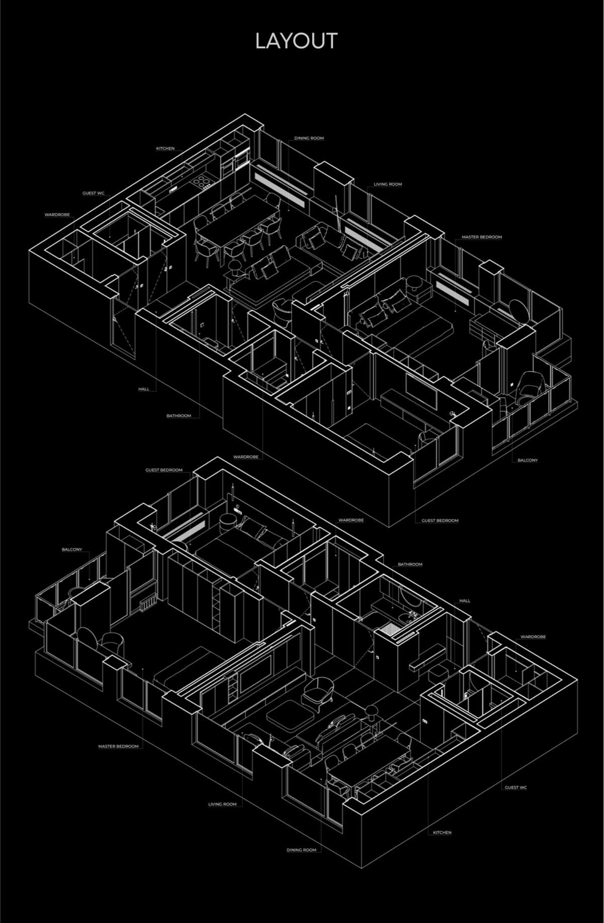 Industrial isometric view of a residential floor plan with labeled rooms and furniture.