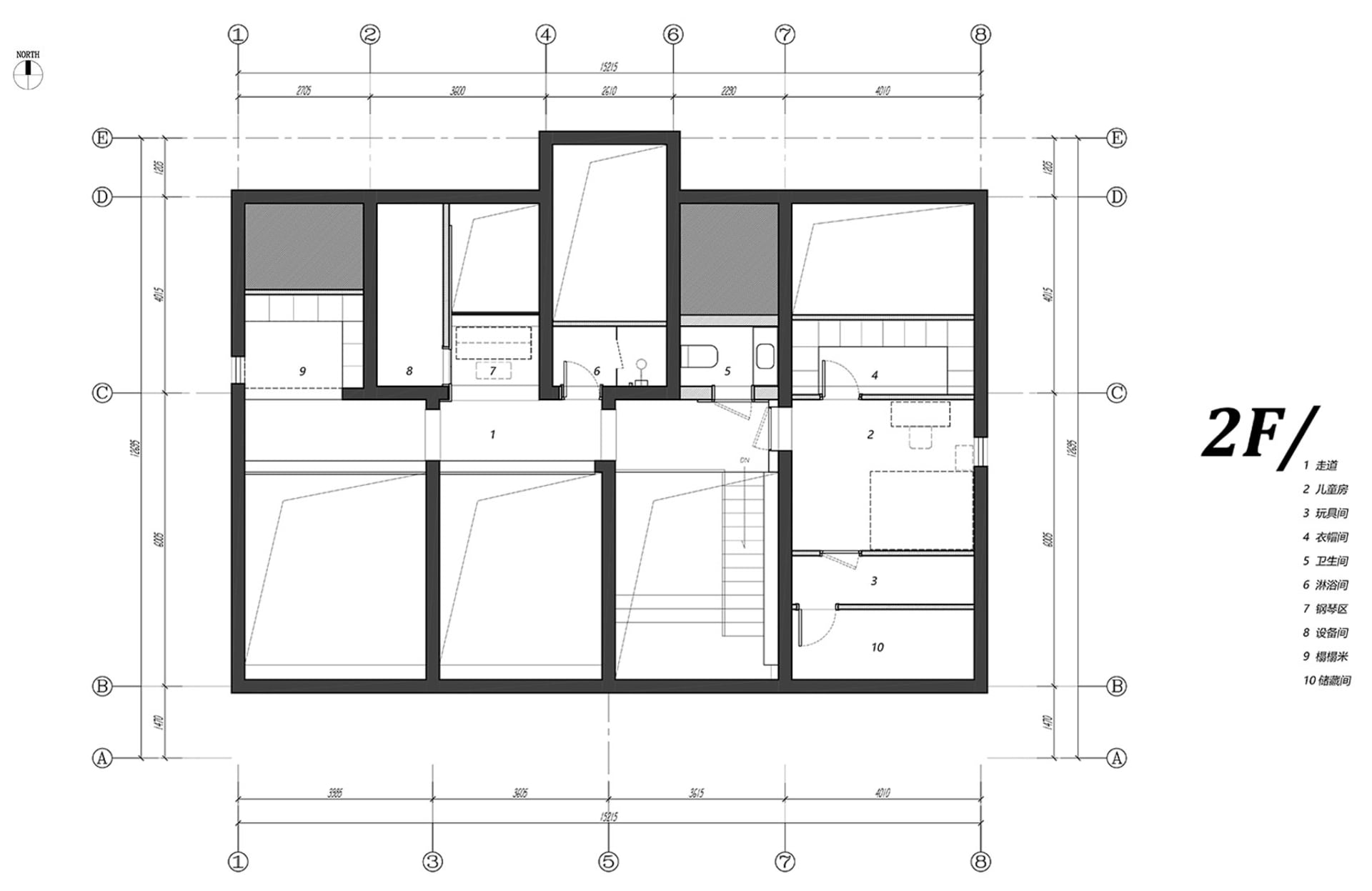 a 2-dimensional architectural drawing depicting the floor plan layout of a building's second floor with numbered labels indic