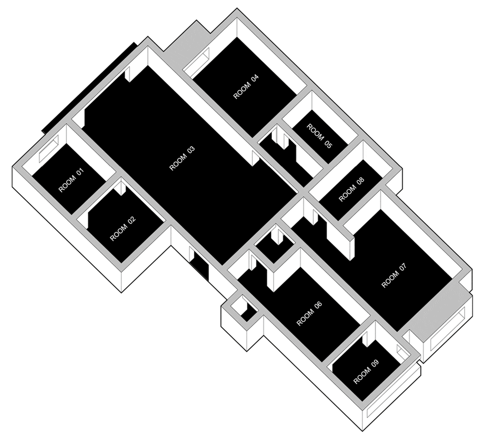 L形建築平面圖,包含多個房間與走廊。