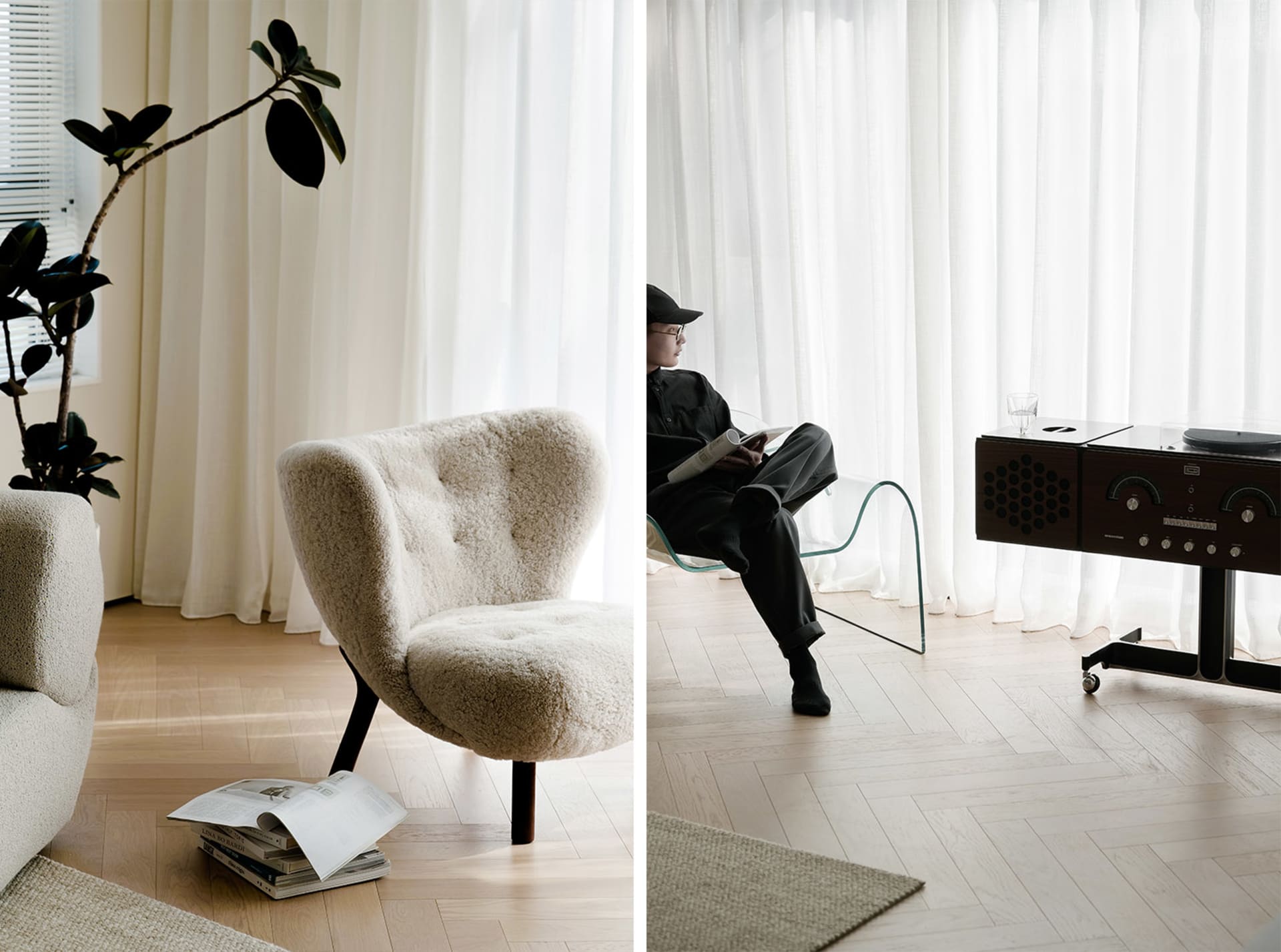A cozy modern living room features comfortable seating and soft furnishings.