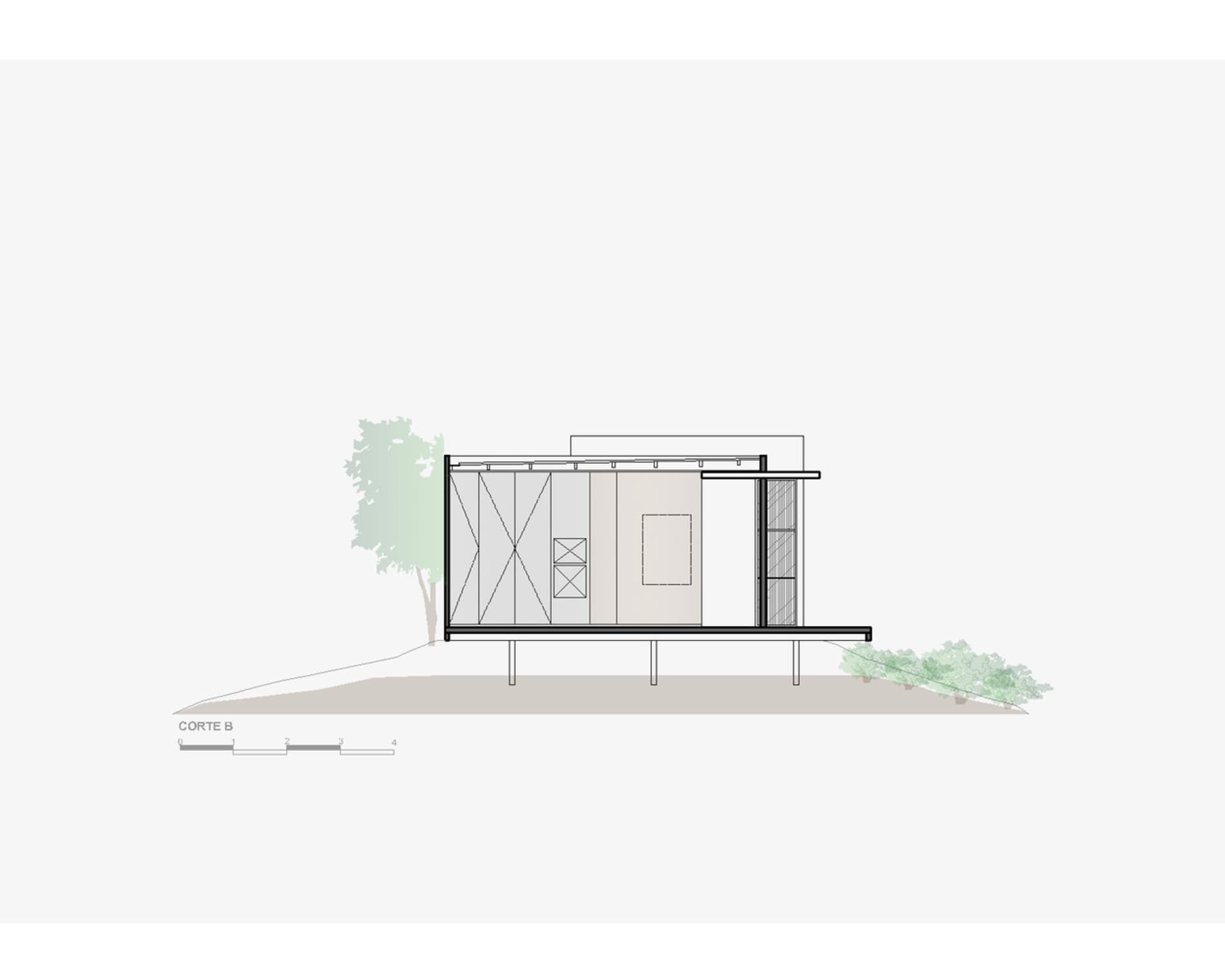 Cross-sectional architectural drawing of a minimalist home with glass and steel materials.
