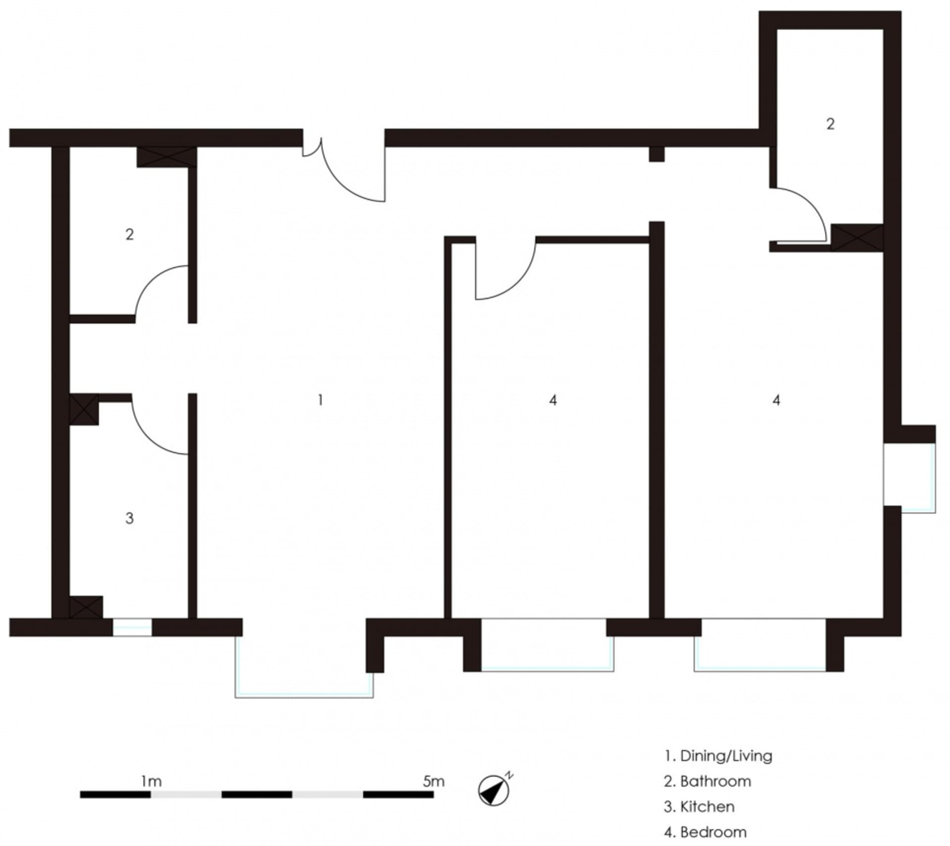 A modern apartment layout with a dining/living area, bathroom, kitchen, and bedroom.