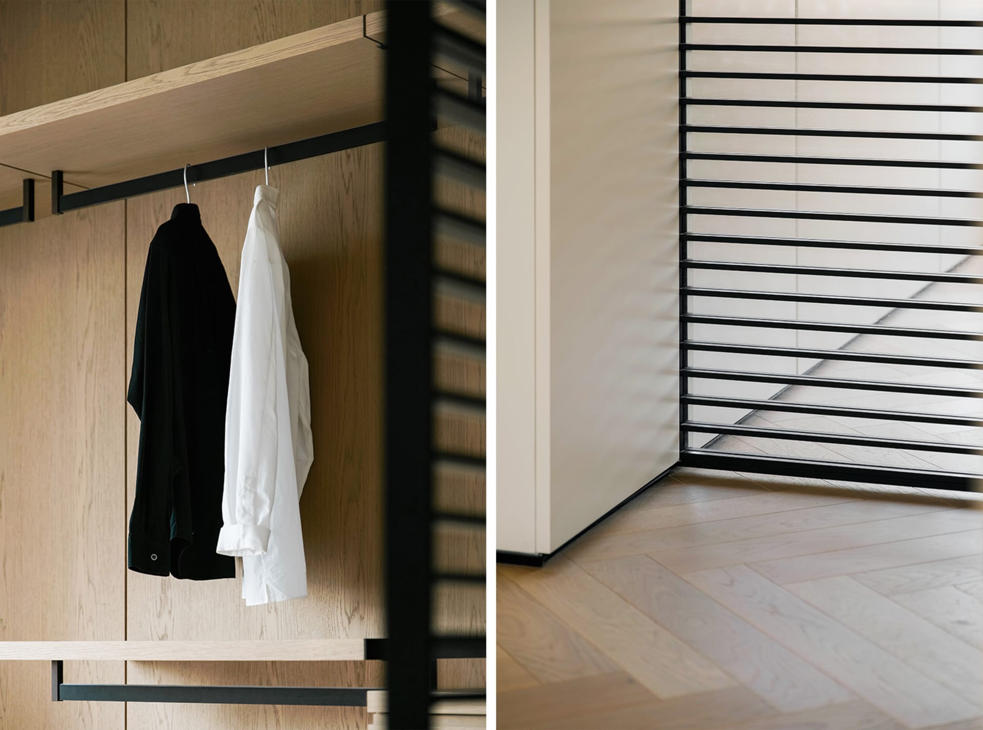 A modern closet with wooden shelves and black metal rods.