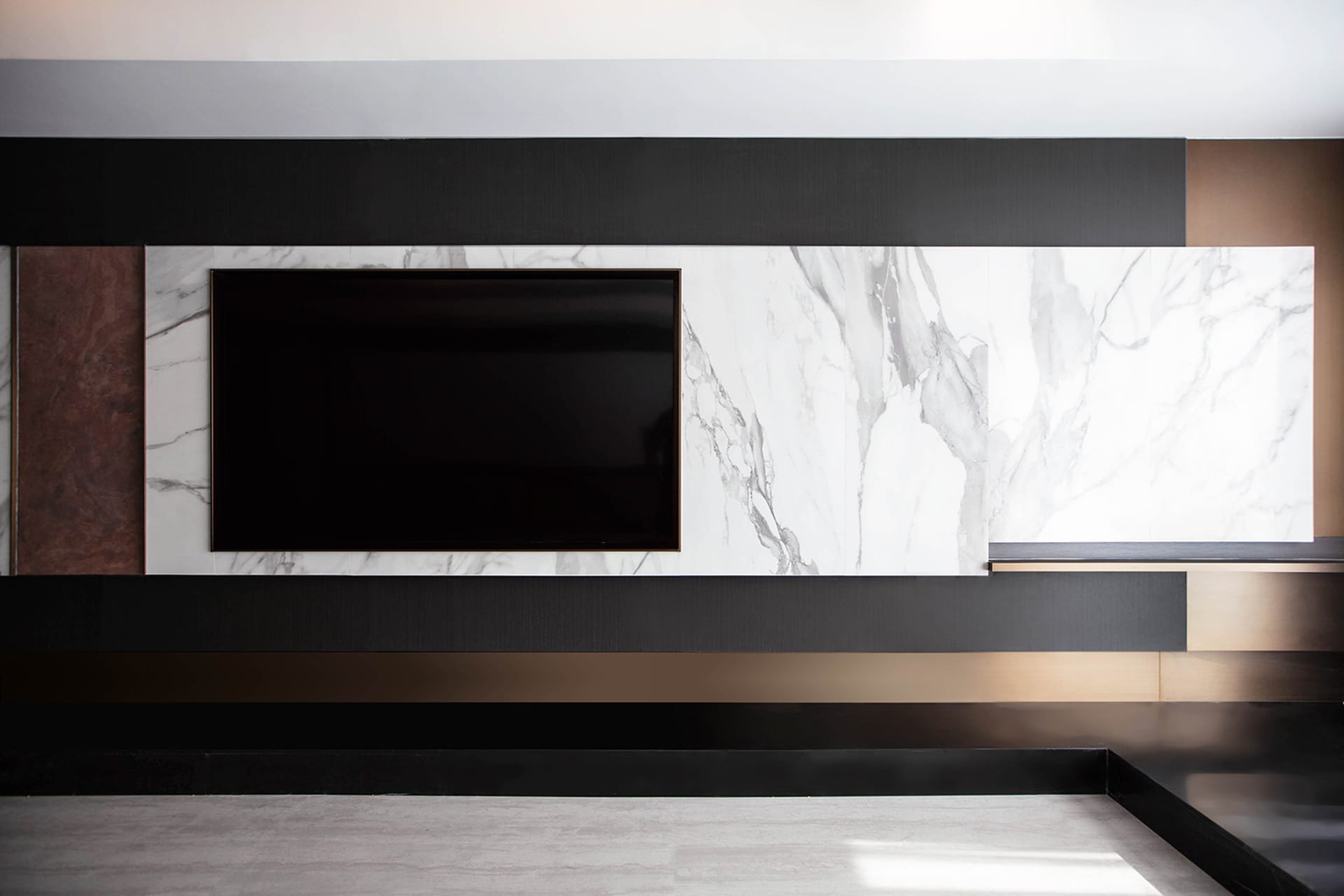 Modern interior design featuring a marble and metal living wall