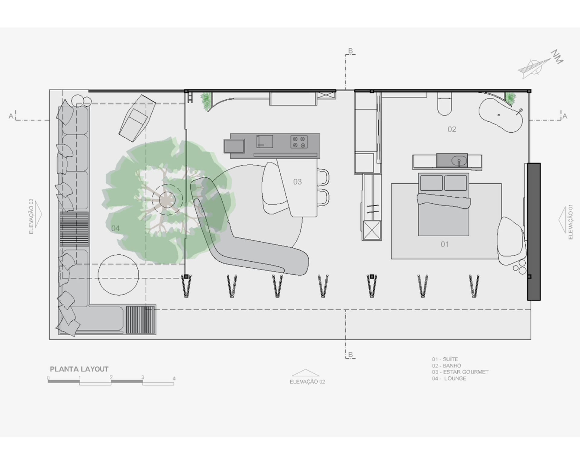 一張詳細的現代公寓2D建築平面圖，展示家具配置、廚房與臥室區域。