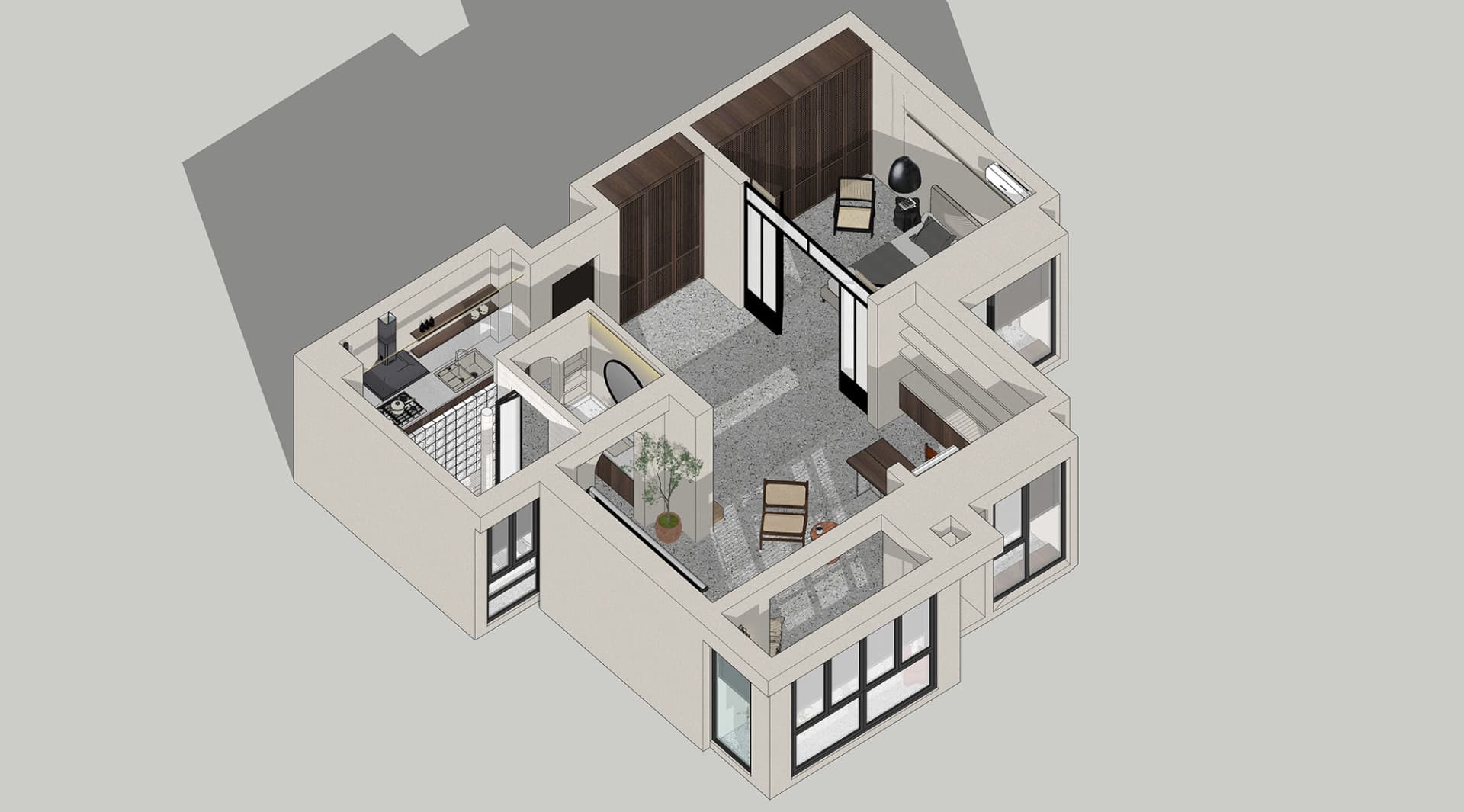 Modern residential interior with concrete flooring, featuring a living space, bedroom, kitchen, and bathroom.