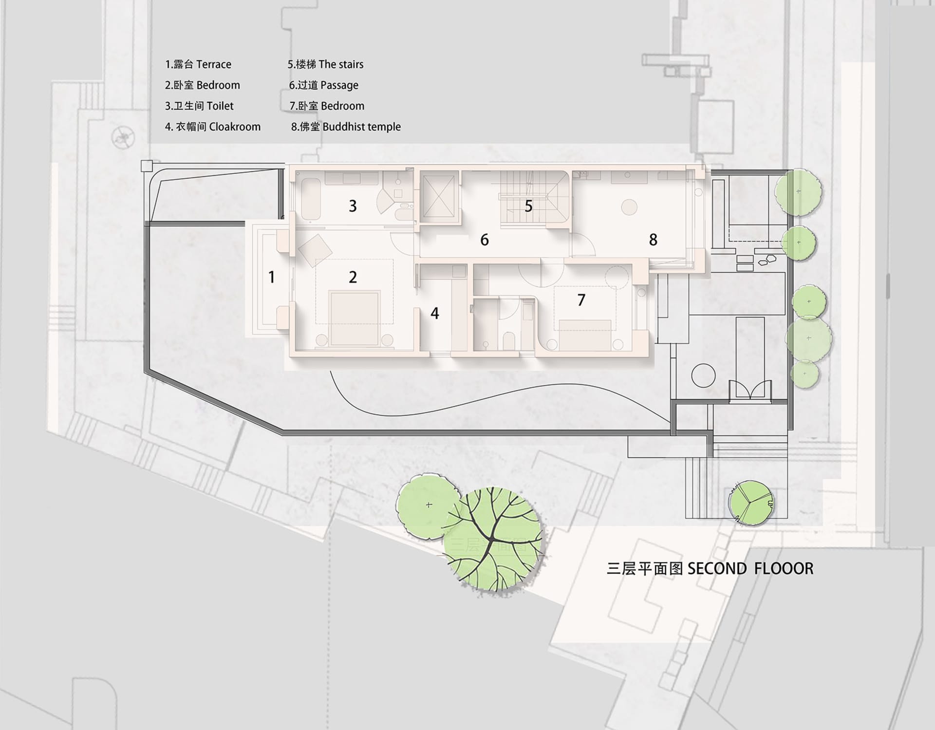 現代住宅二樓平面圖，展示臥室與衛浴等居住空間，採用淺色調