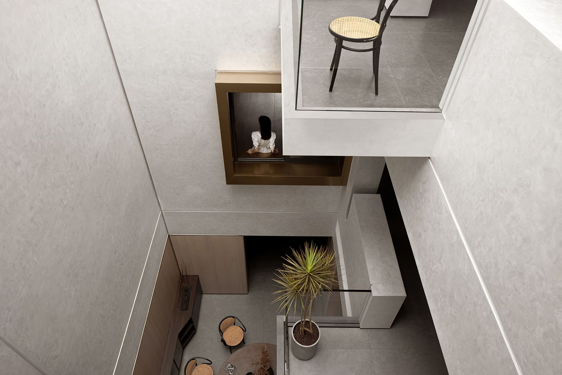 A modern interior design space featuring marble surfaces and concrete accents.