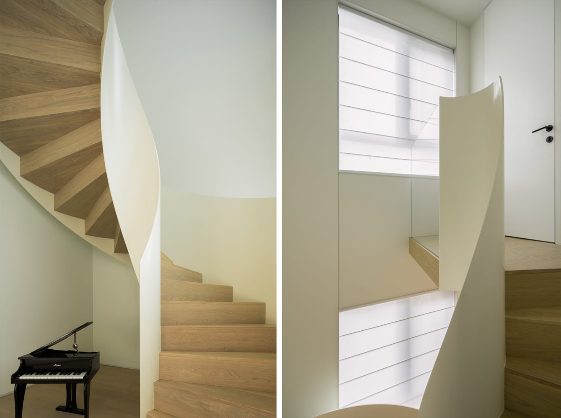 Modern interior design featuring a wooden staircase with a sleek, minimalist design.