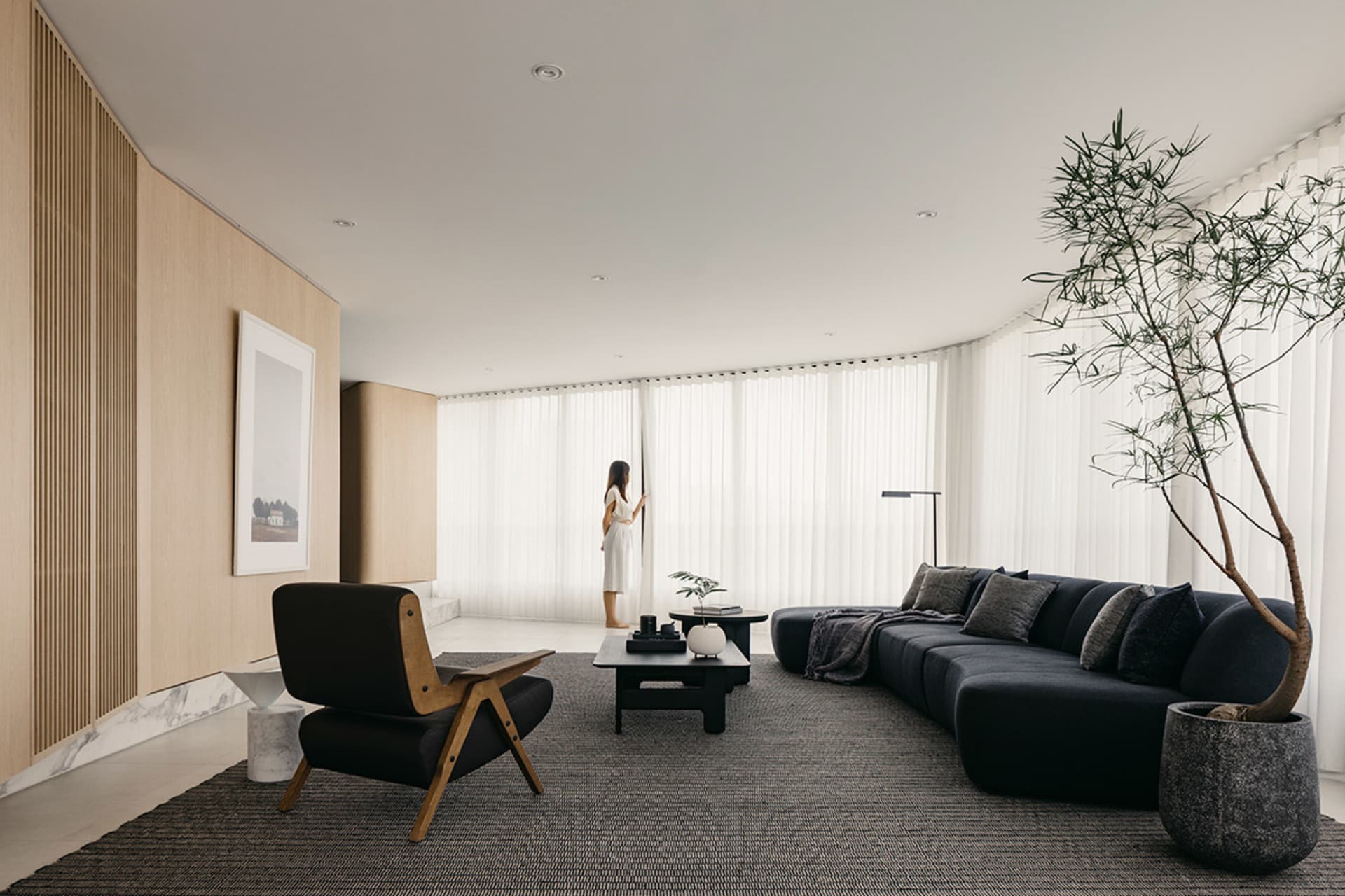 A minimalist living room featuring a curved sofa, a minimalist chair, and a potted plant.