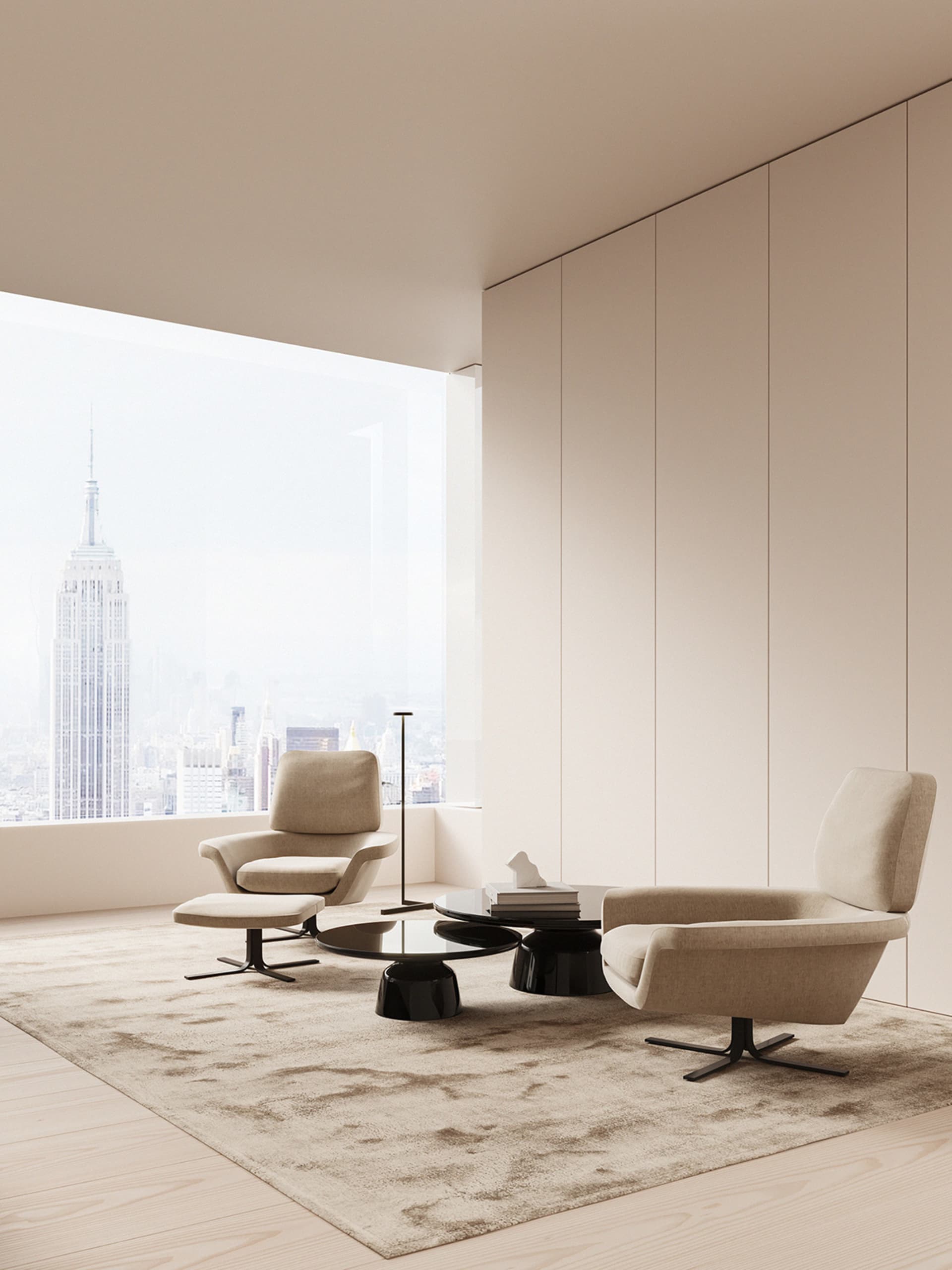 A minimalist living room featuring a modern, neutral-colored design with sleek, comfortable furniture, a large window with a 