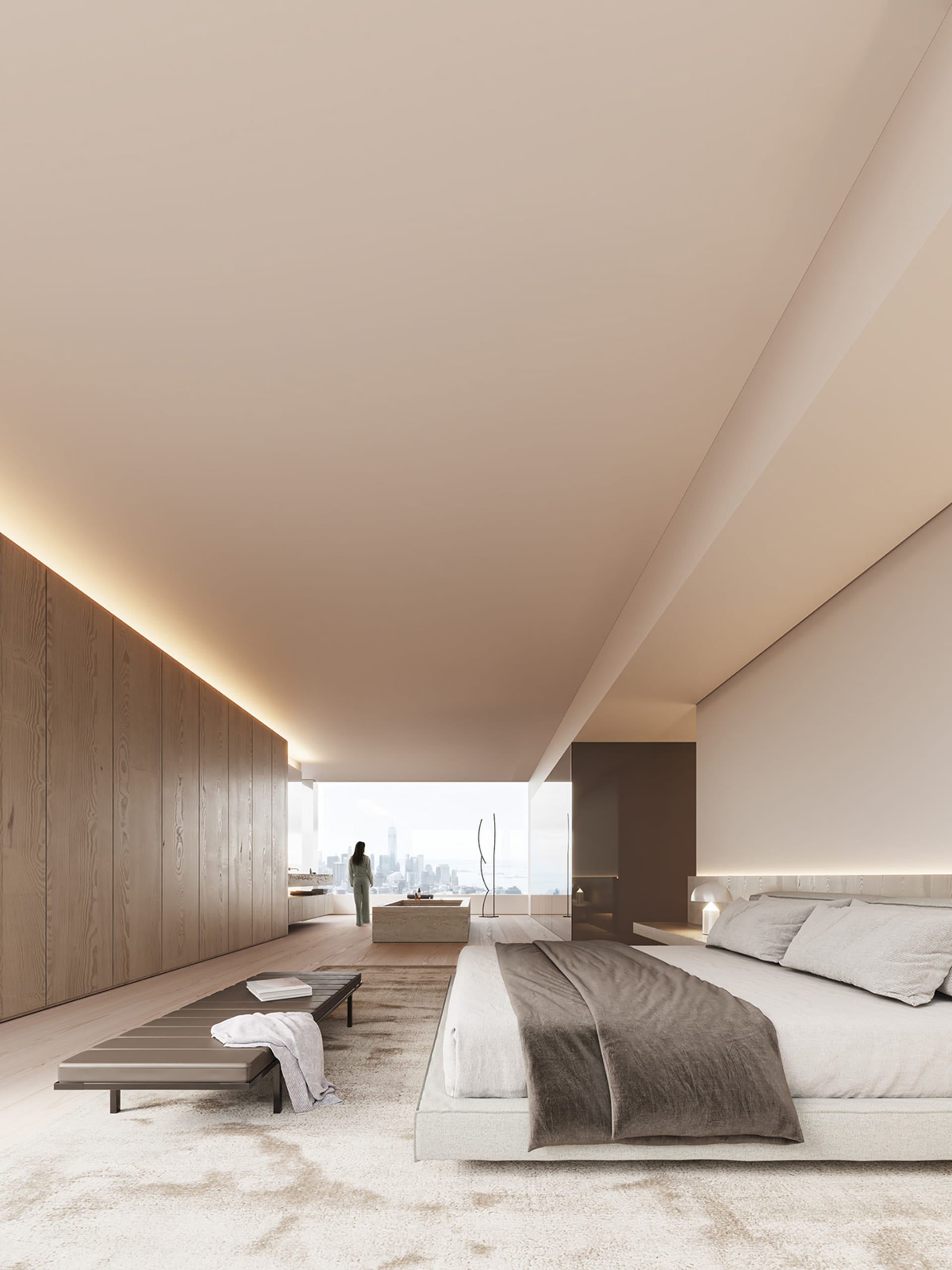 Modern bedroom suite featuring a cozy bed with a gray and white duvet, a wooden bench on a beige rug, and a contemporary ligh
