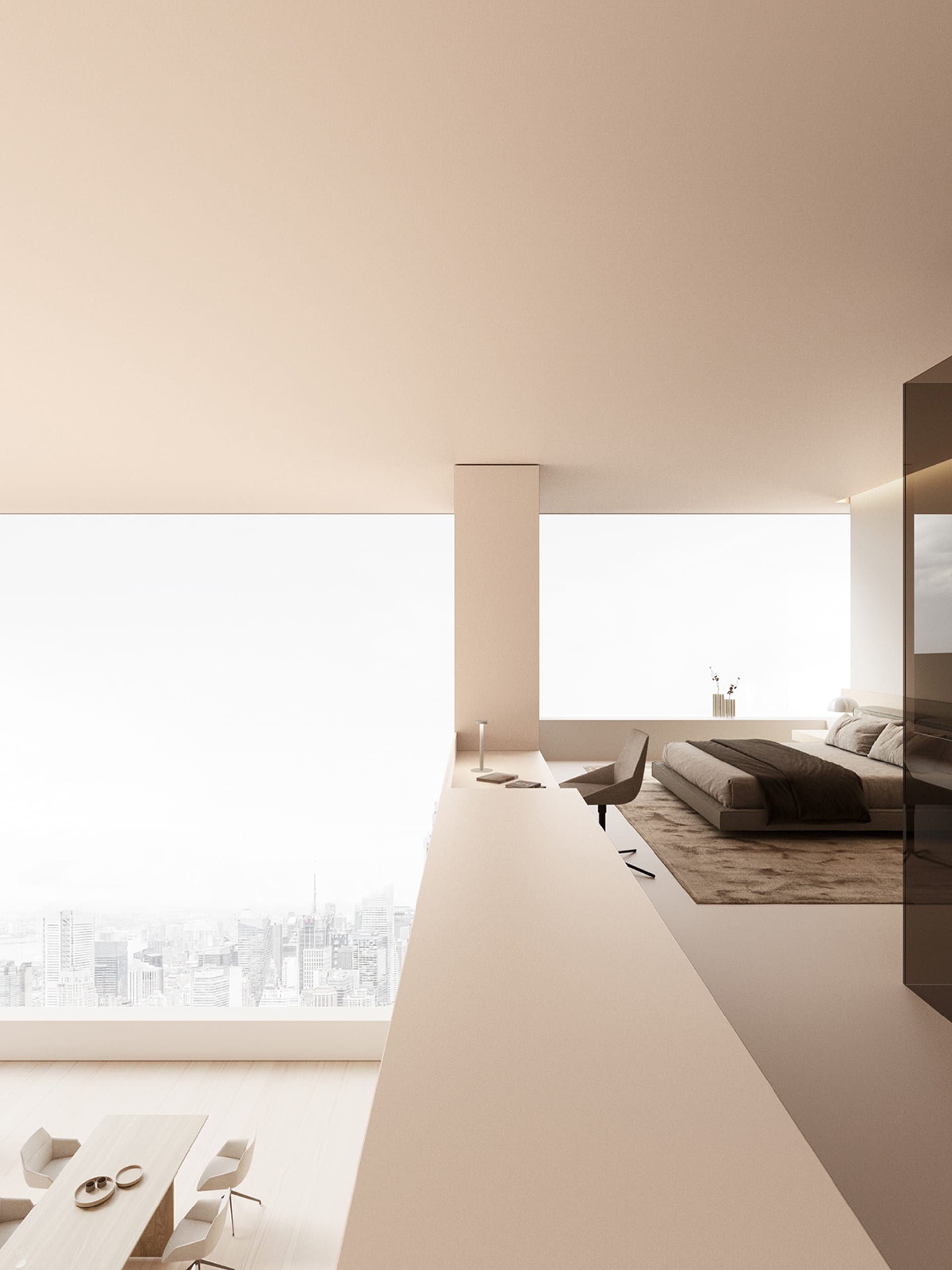 Modern bedroom with textured wood finish, minimalistic furniture, and large windows with cityscape view.