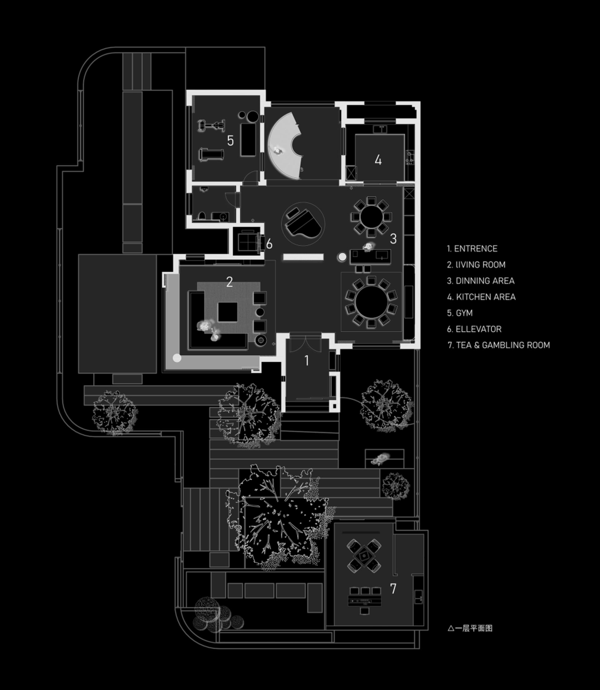 A black and white architectural floor plan of a modern interior design layout