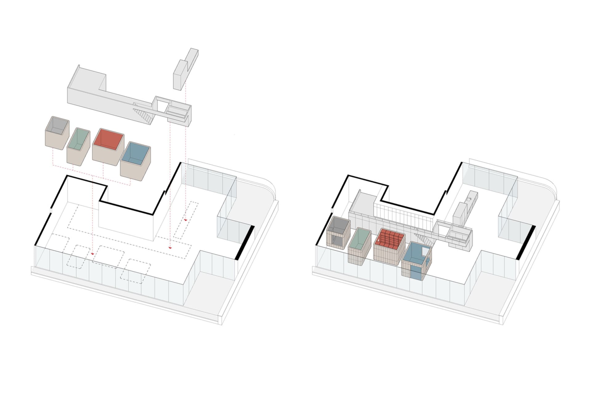 2D architectural drawing of a modern office interior with glass walls and a clear view of the floor plan.
