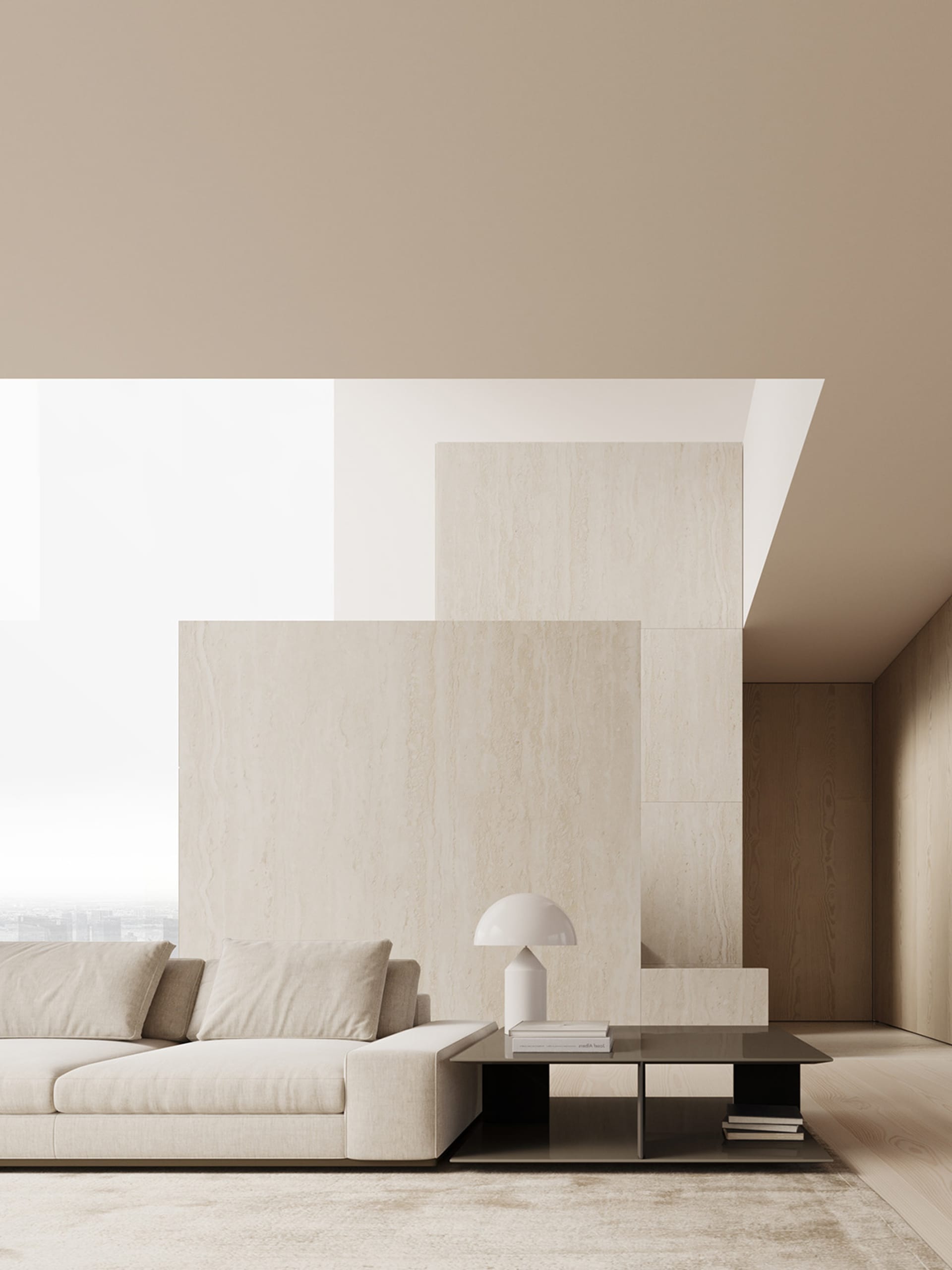 A minimalist living room featuring neutral-tones furniture and decor.