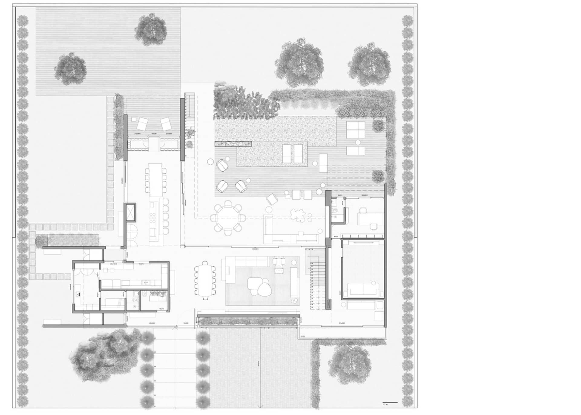 現代住宅平面圖，採用混凝土、玻璃與木質表面。