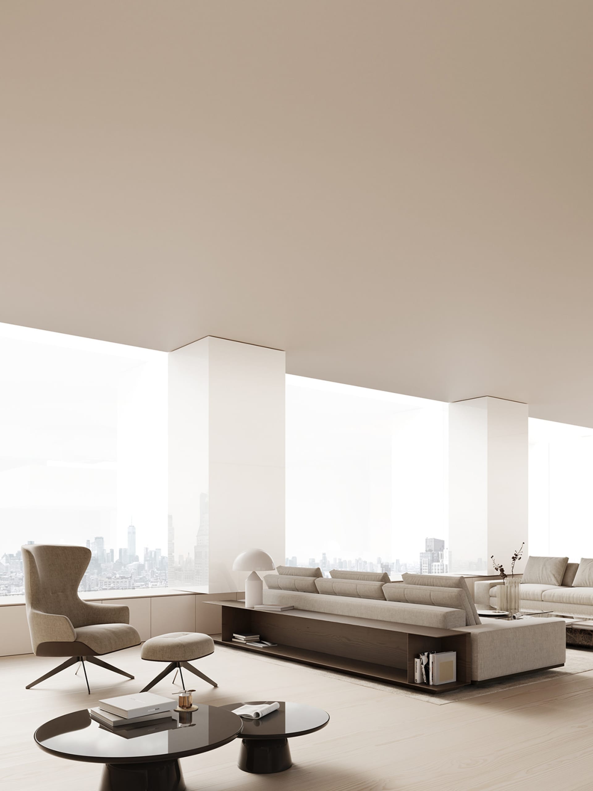 A modern minimalist living room with a large window showcasing a city skyline.
