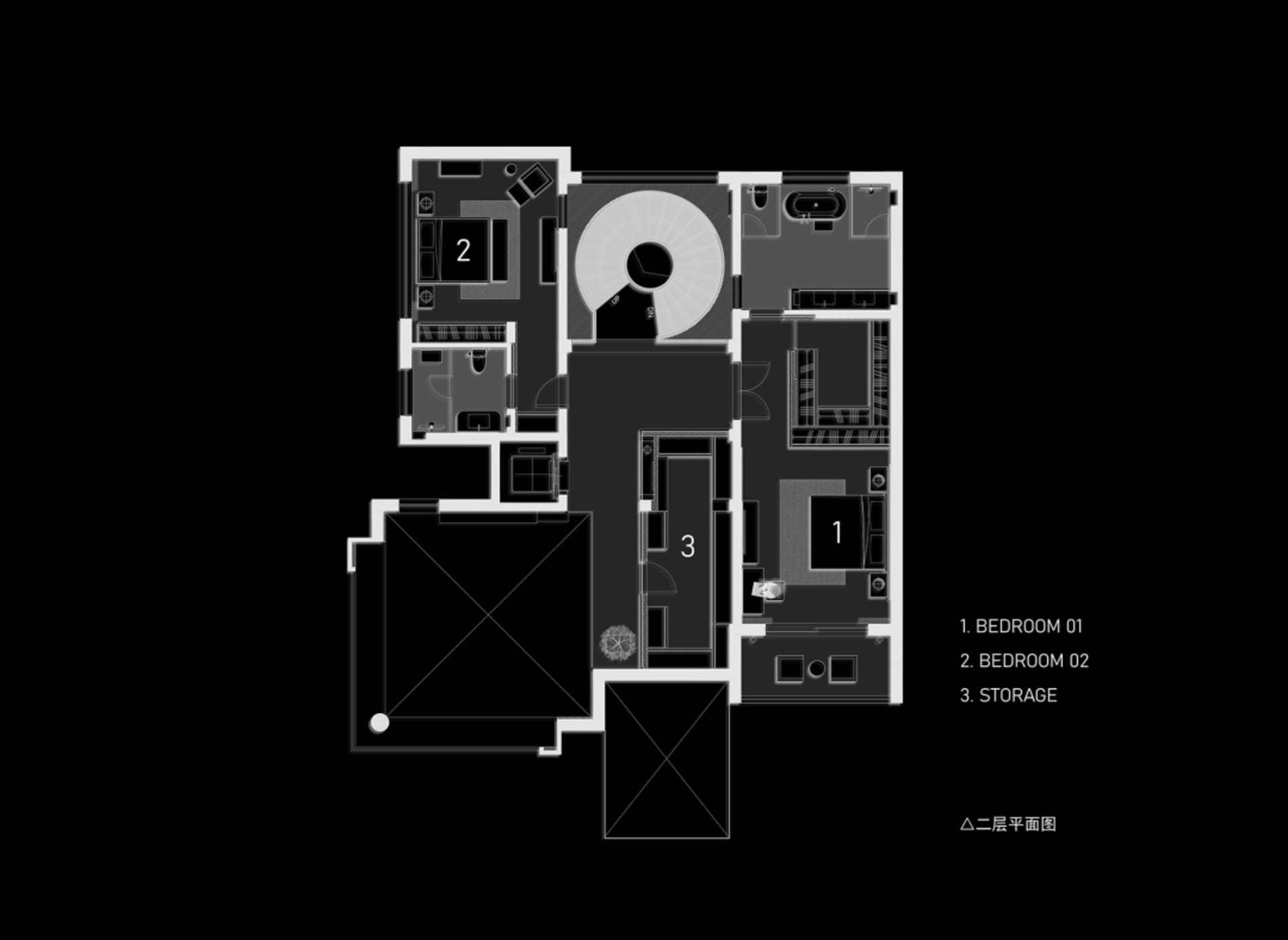 A detailed 2D architectural floor plan of a modern residential space featuring multiple bedrooms and storage areas.