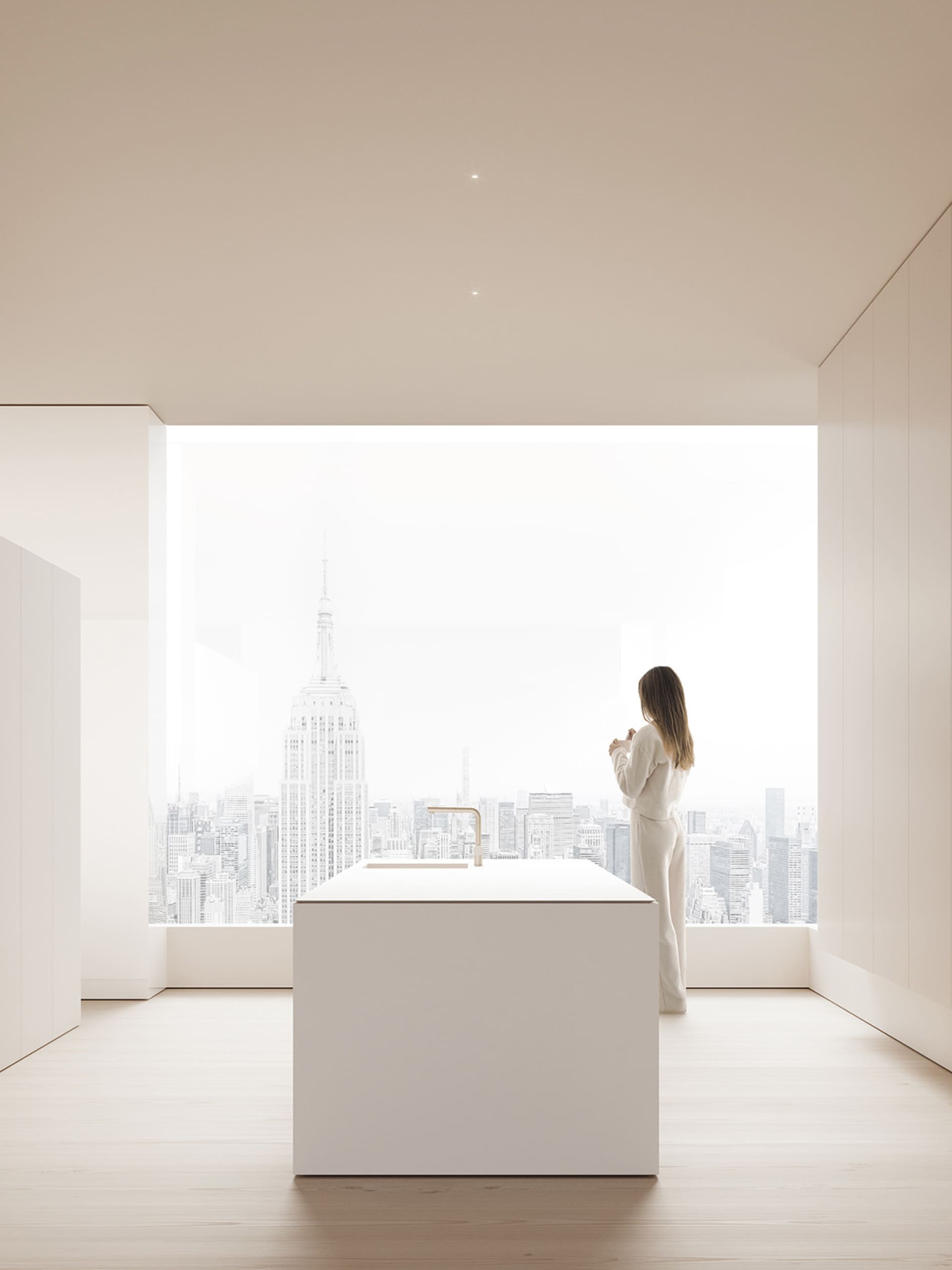 A minimalist kitchen with a white marble kitchen island and floor-to-ceiling window showing a cityscape.