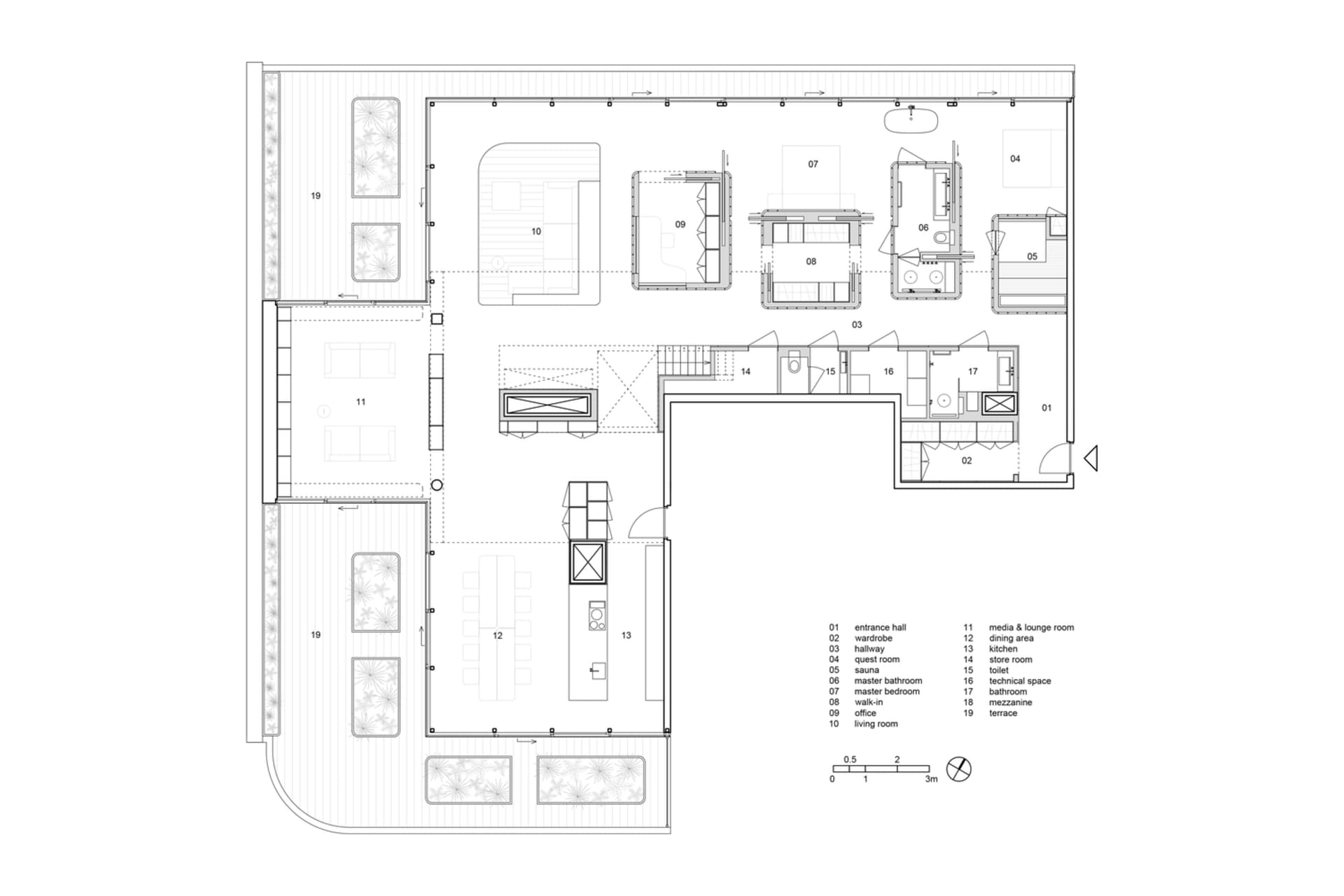 現代住宅室內平面圖,標示各房間與技術尺寸。