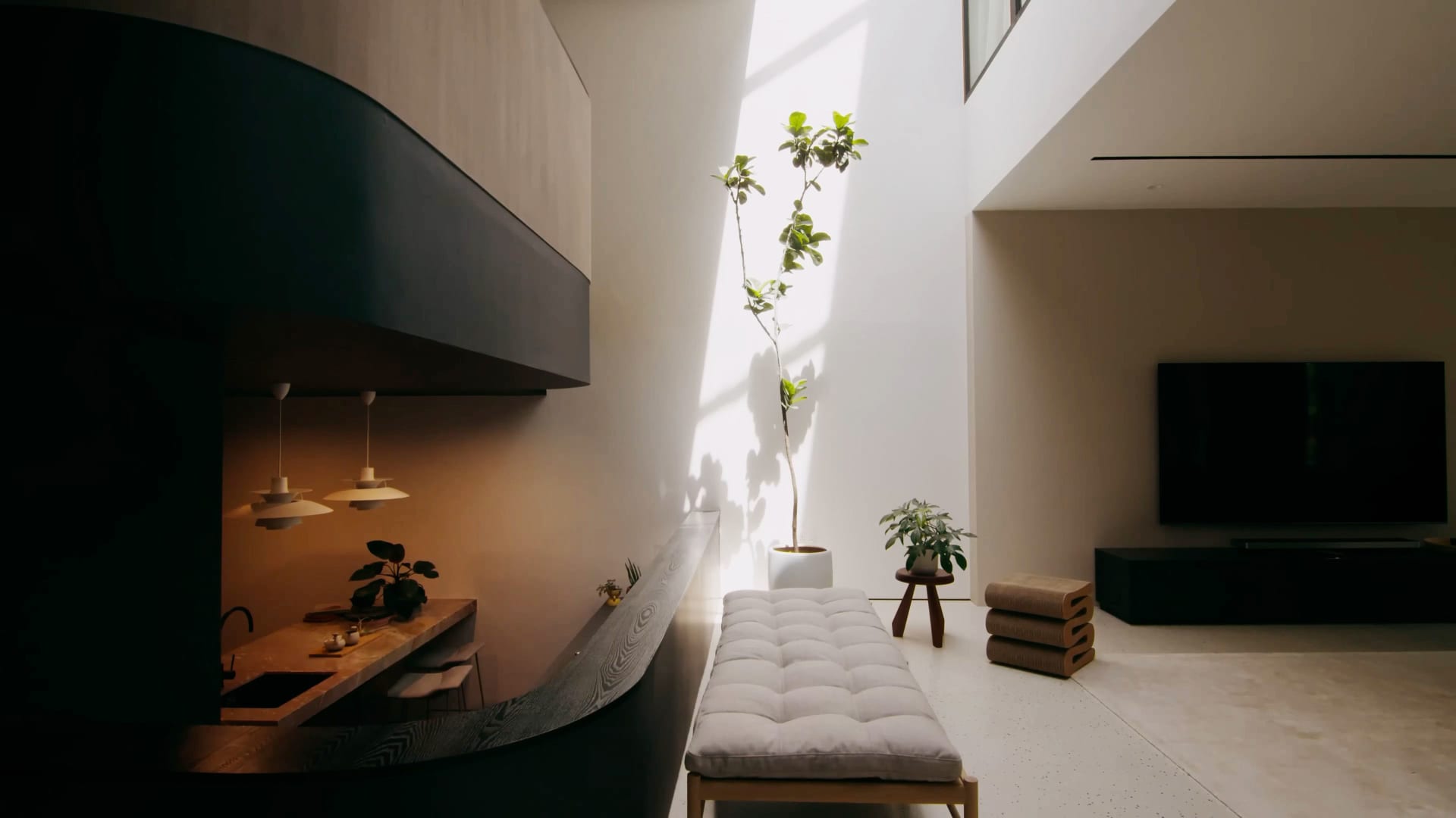A minimalist living room with concrete, wood, and glass materials, featuring a high ceiling with a skylight and a large potte
