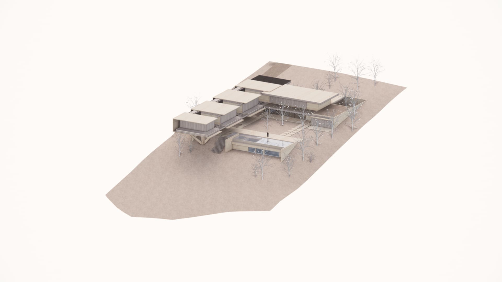 現代住宅建築外觀採用鄉村木質建材，樓梯上站著一位人物。