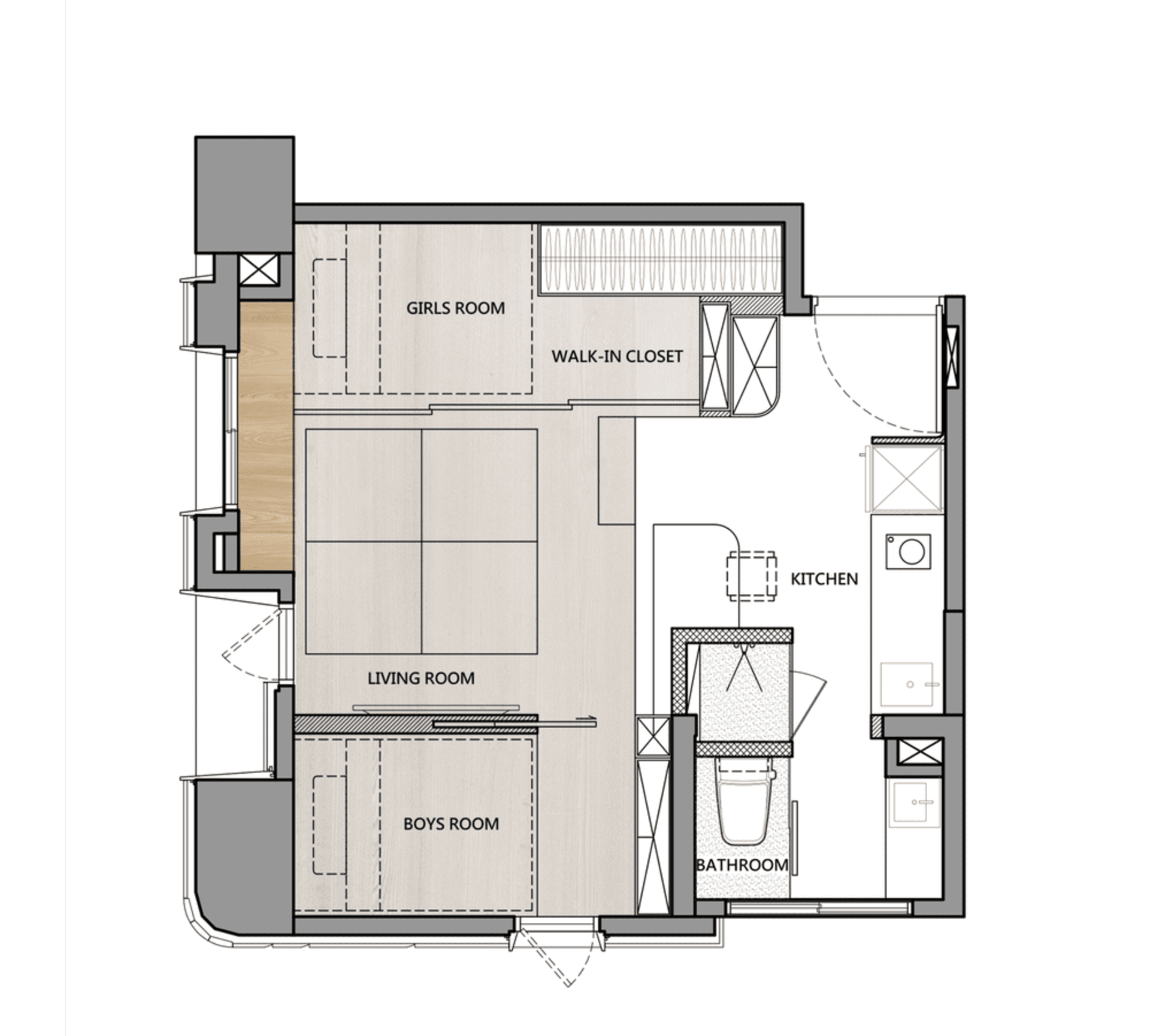 Floor plan of a residential house showing living room, kitchen, bathroom, kids' bedrooms, and walk-in closet.
