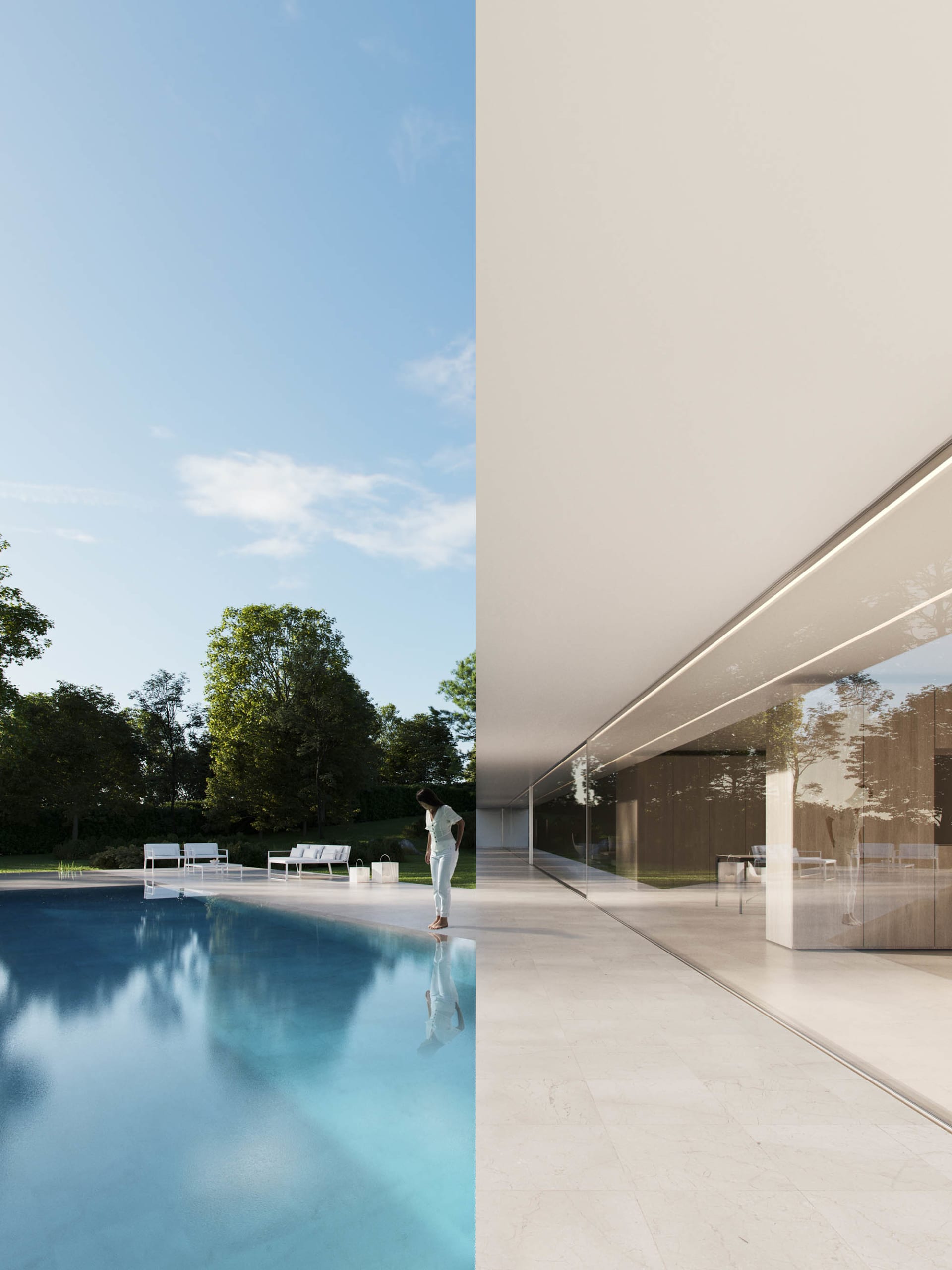 A modern residential architectural design featuring glass and concrete materials.