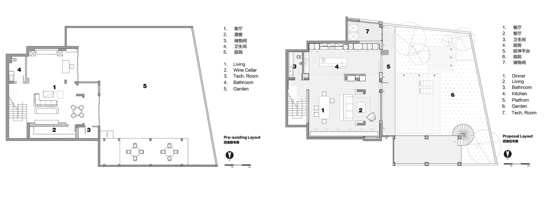 Floor plan comparison of pre-existing and renovated spaces, including living room, wine cellar, tech. room, and garden.
