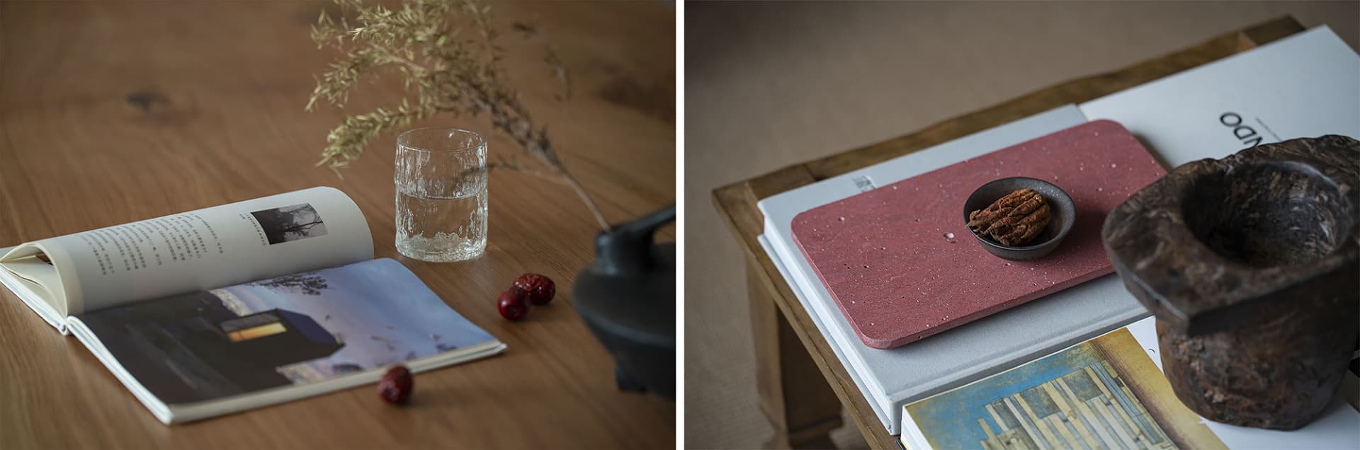 A wooden coffee table with a glass of water, dried fruits, a book, and decorative items.