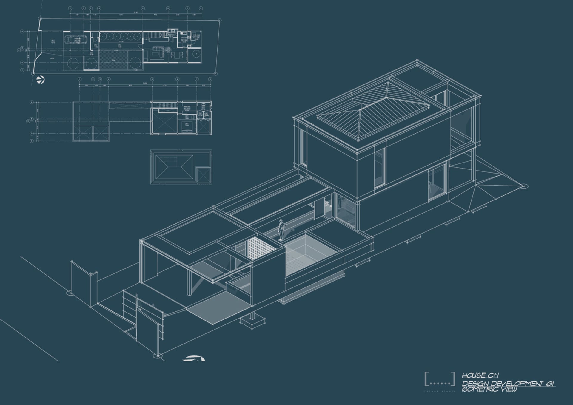 A modern architectural design featuring glass, steel, and concrete materials, rendered as an isometric view.