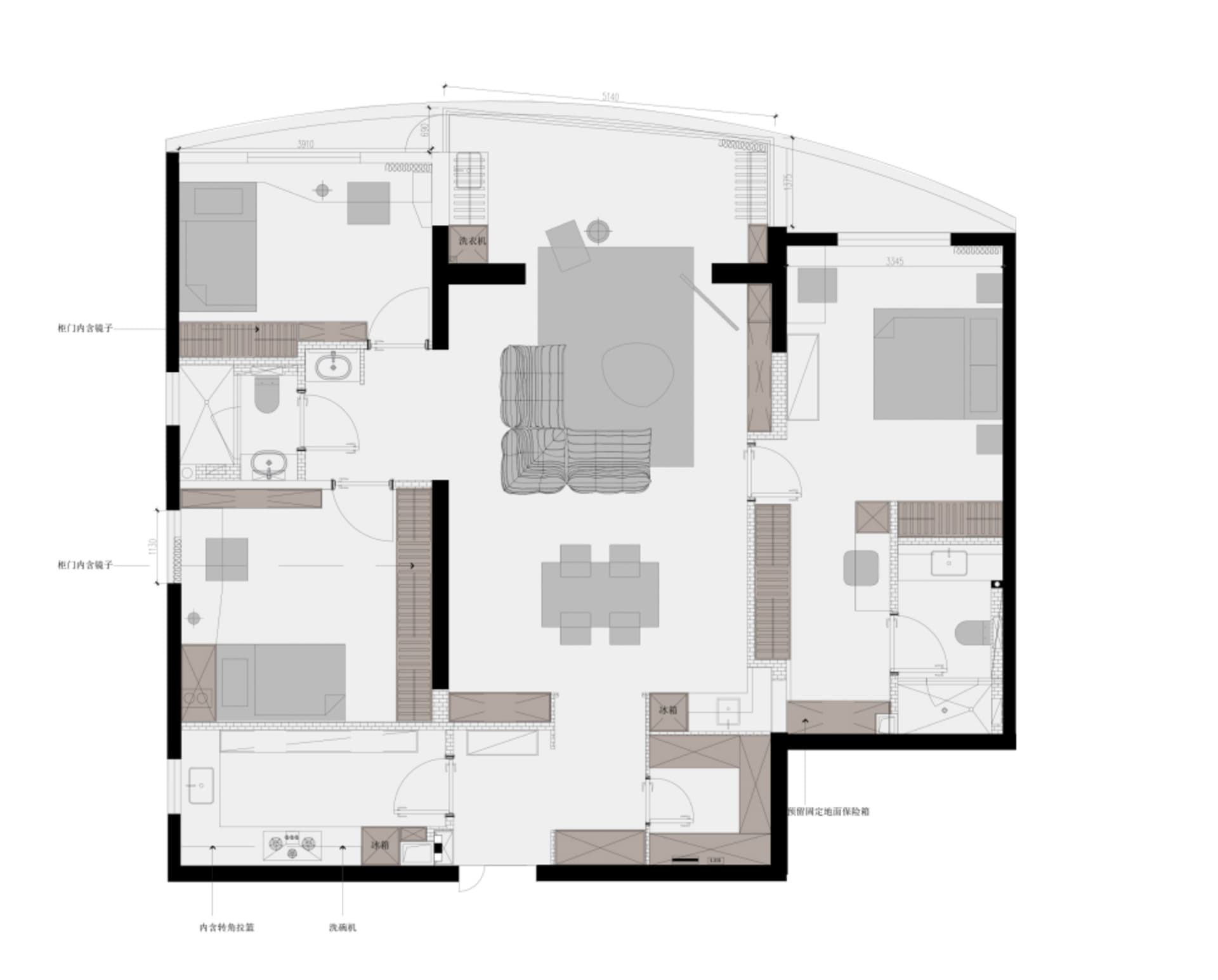 Modern architectural floor plan with clean lines, open spaces, large windows, and minimalistic design.
