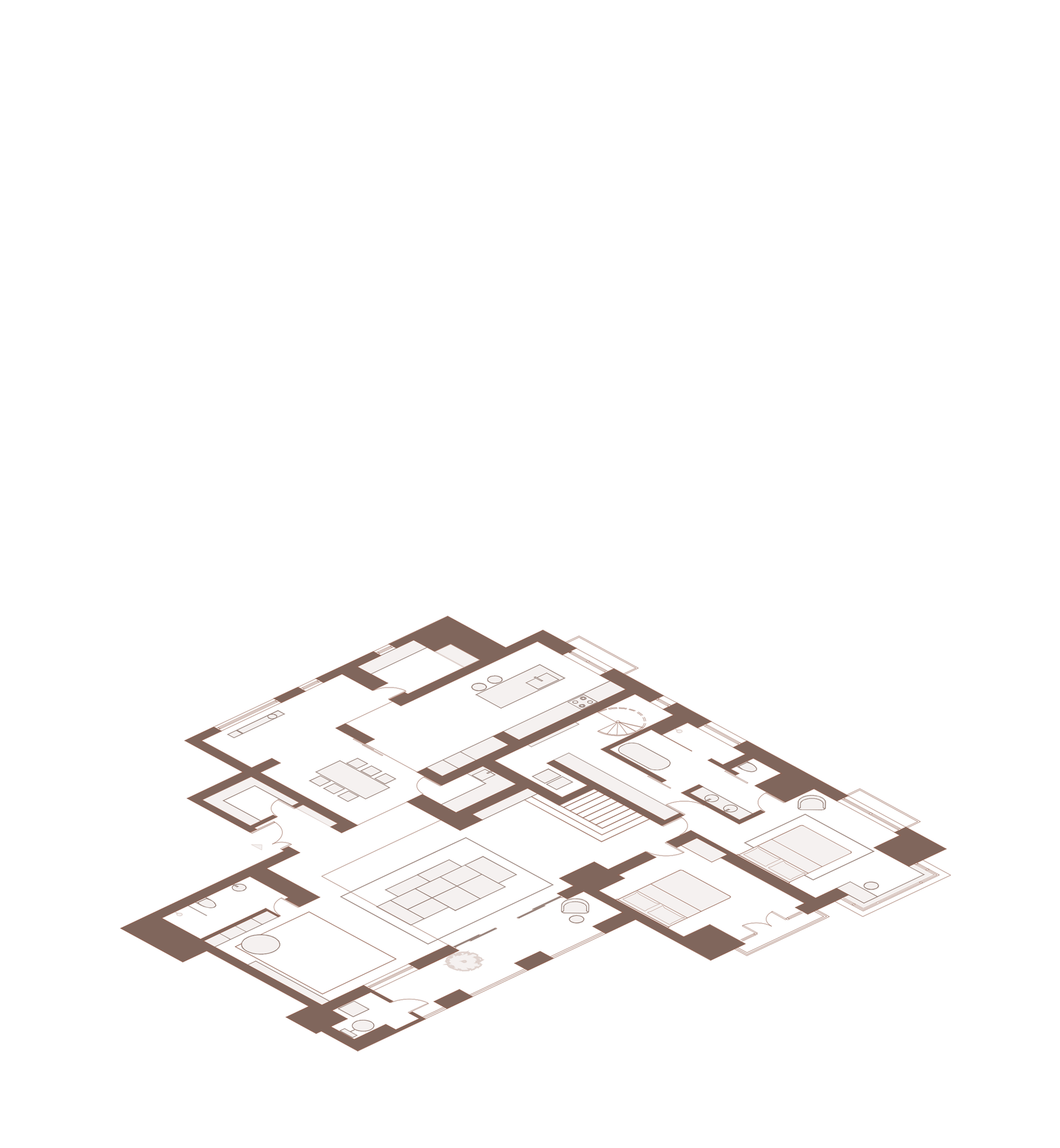 Minimalist apartment floor plan with living room, kitchen, bedrooms, and bathroom.