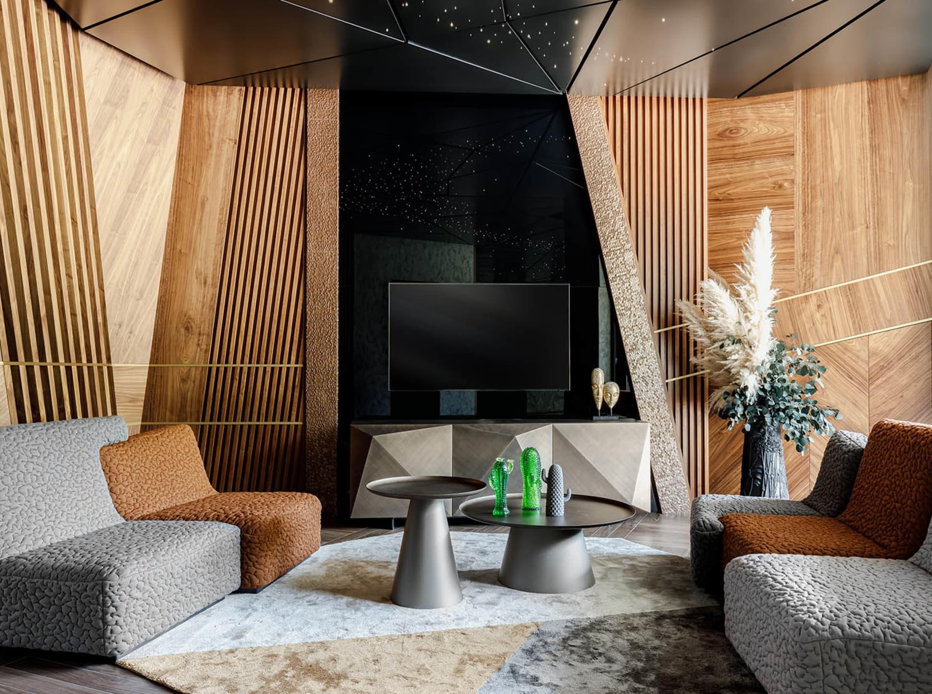 Modern living room with wooden, concrete, and glass elements