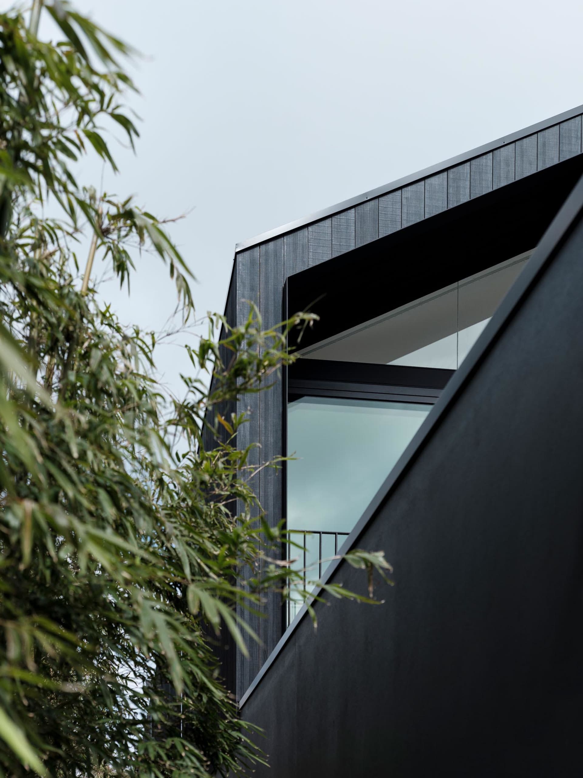 Modern house with black wooden exterior and large glass windows.