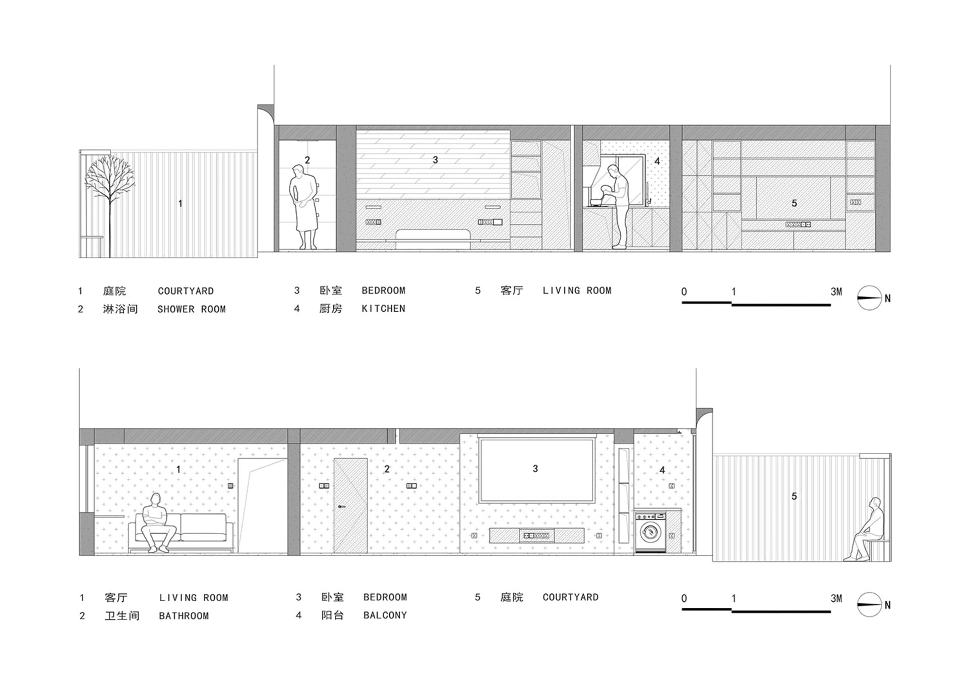 極簡住宅室內的二維平面圖,展示客廳、臥室、廚房與中庭等空間。